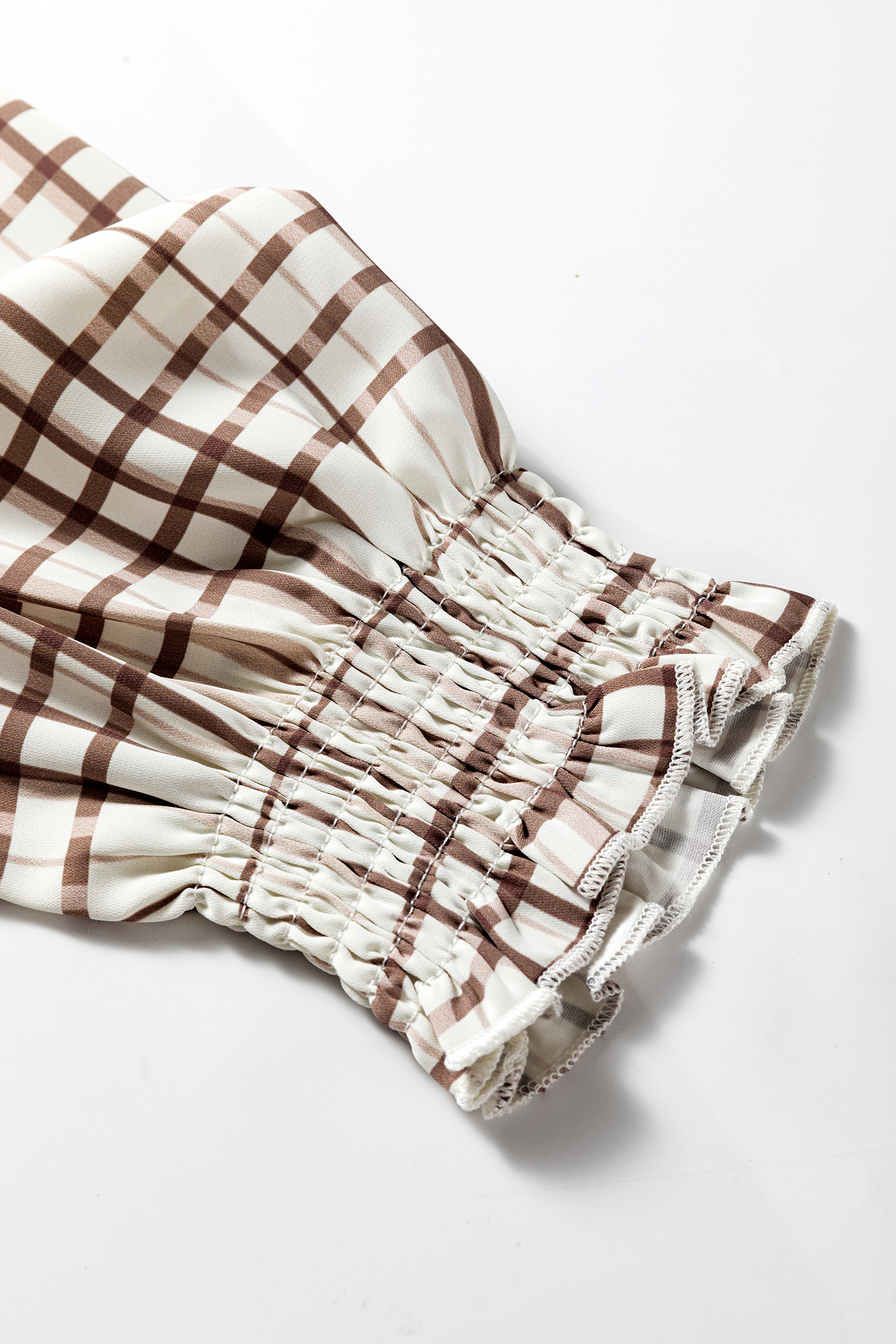 White Plaid Print Frilled Puffy Half Sleeve Blouse