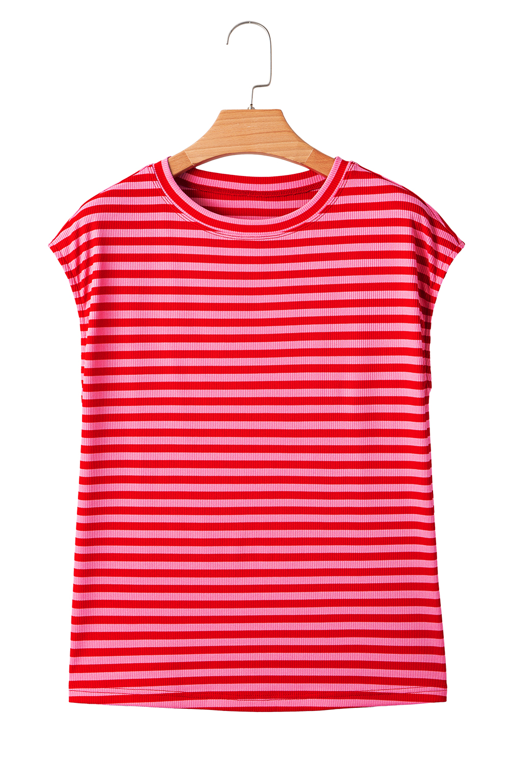 Sky Blue Stripe Ribbed Cap Sleeve Round Neck T Shirt
