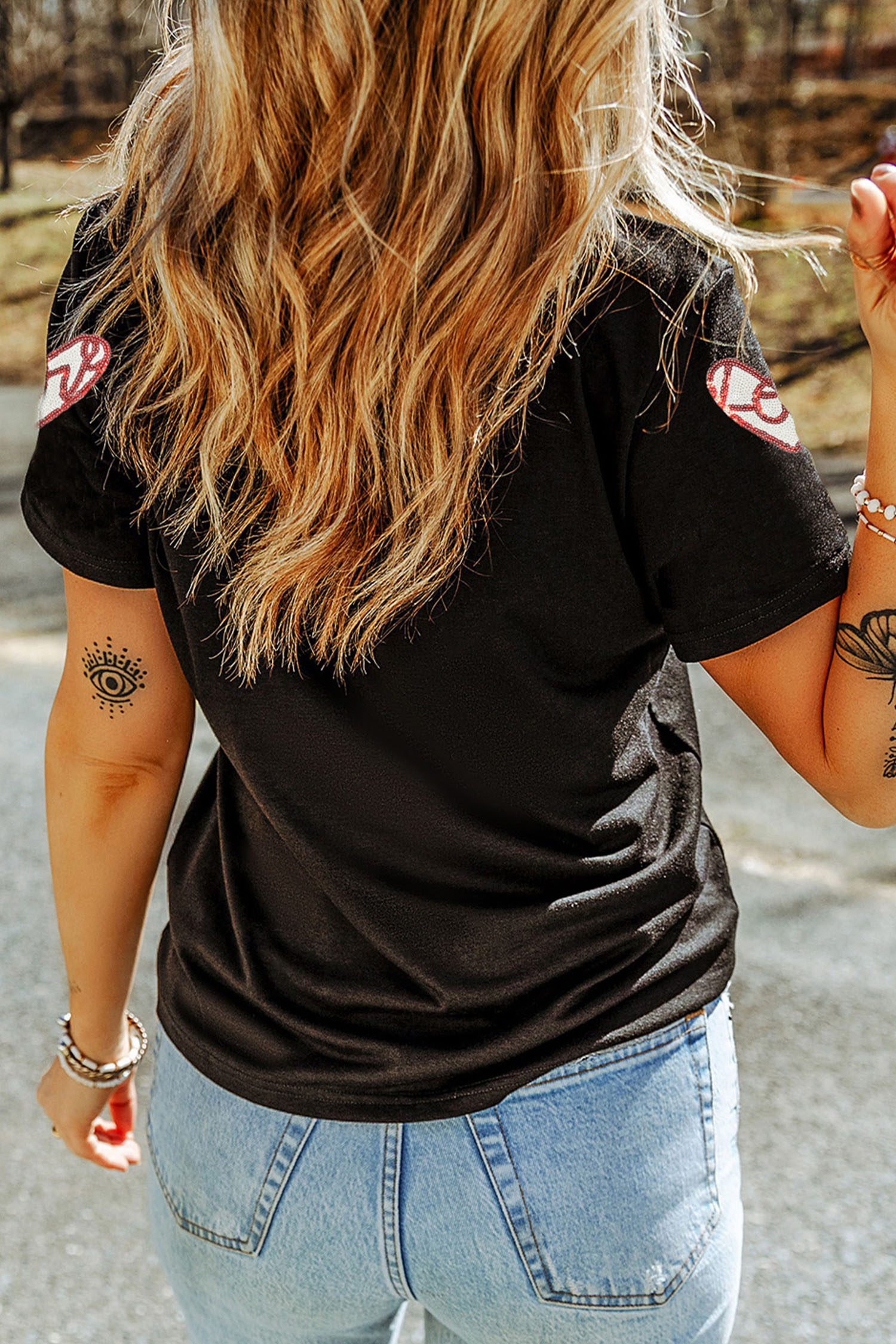 Black Sequin Heart Patched Valentines Day Fashion Graphic Tee