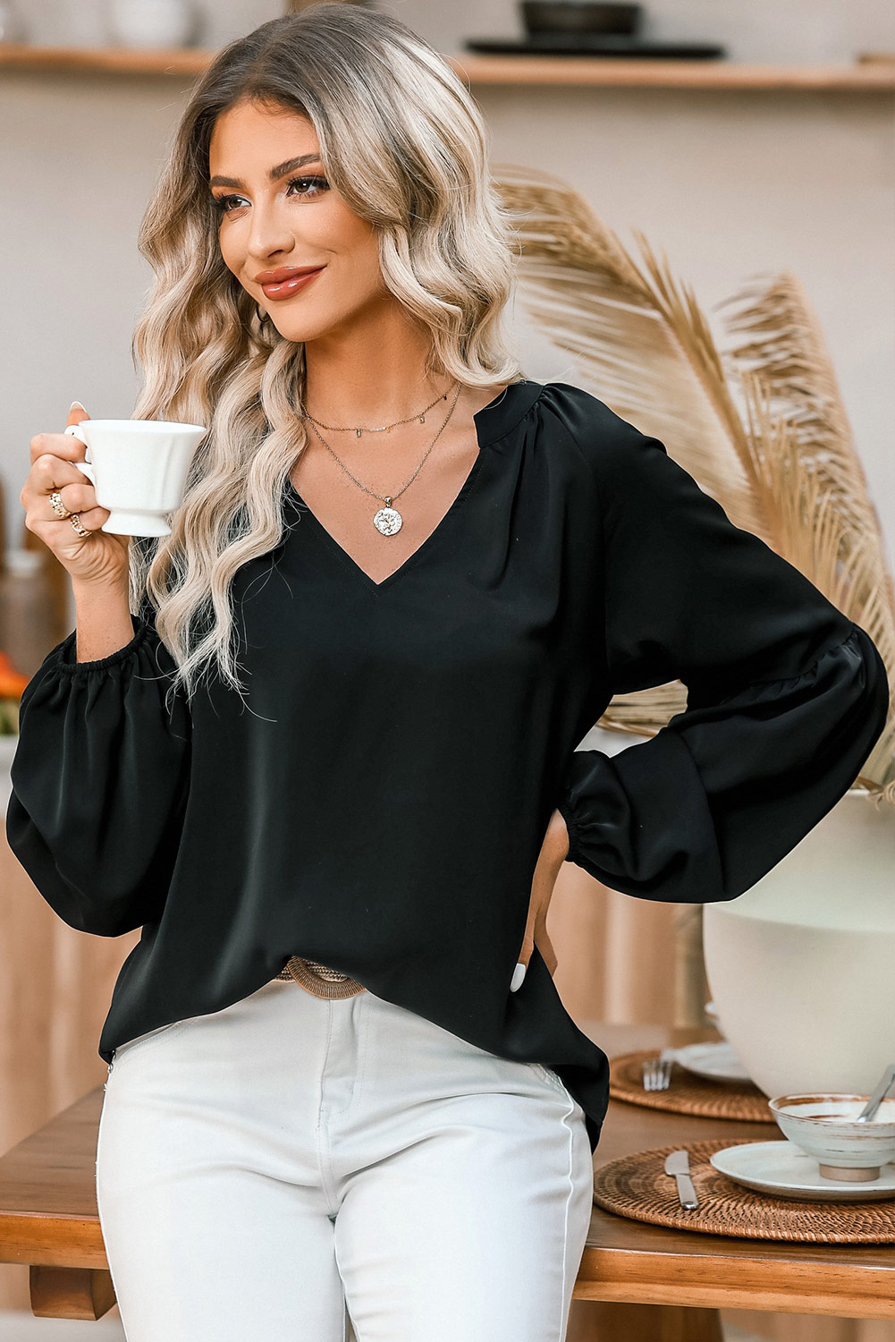 Black V Neck Long Puff Sleeve Top