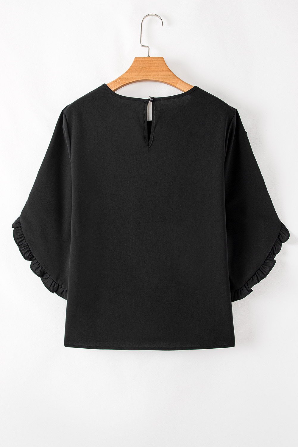 Black Ruffle Trimmed 3/4 Sleeve Round Neck Blouse