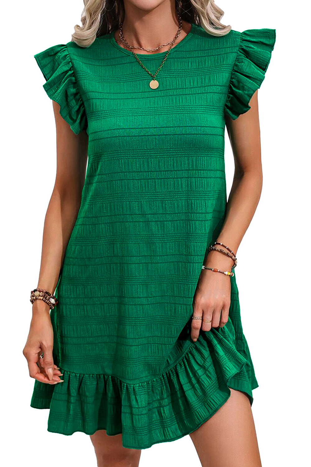 Dark Green Textured Ruffled Sleeve Round Neck Top