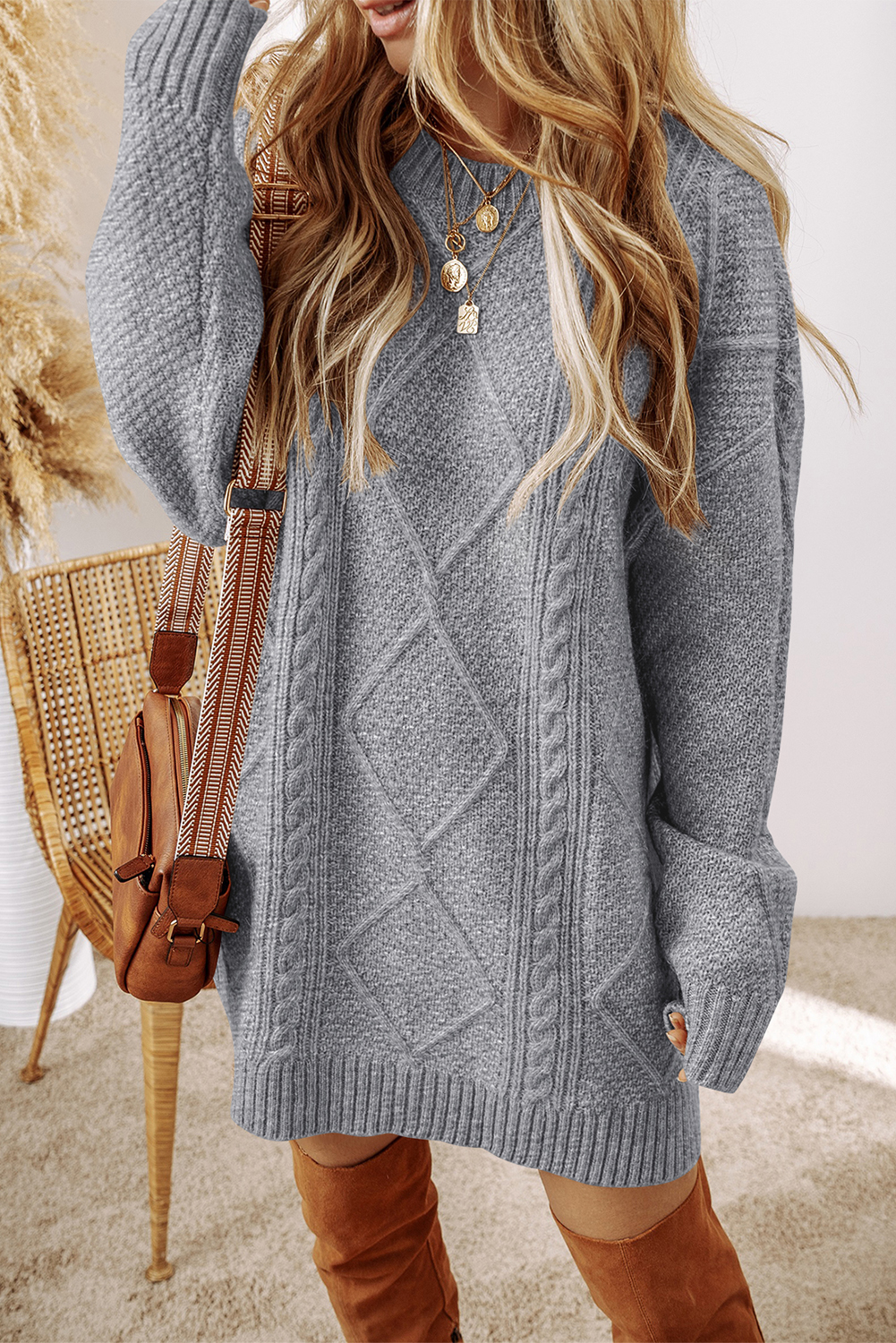 Parchment Cable Knit Drop Shoulder Loose Fit Sweater Dress