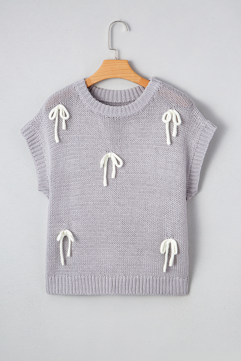 Light Grey Bowknot Applique Cap Sleeve Sweater