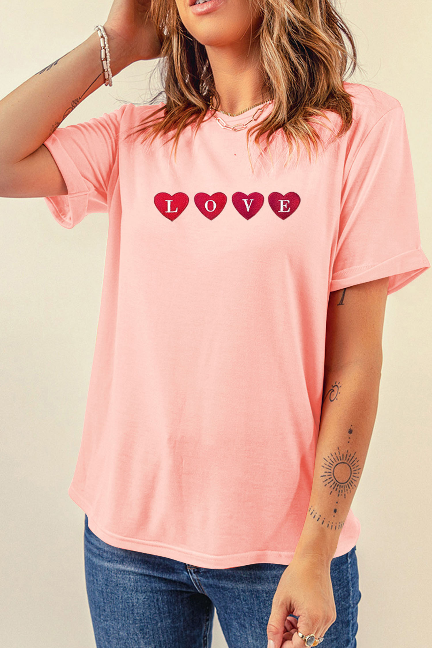 Pink LOVE In Hearts Embroidered Graphic Tee