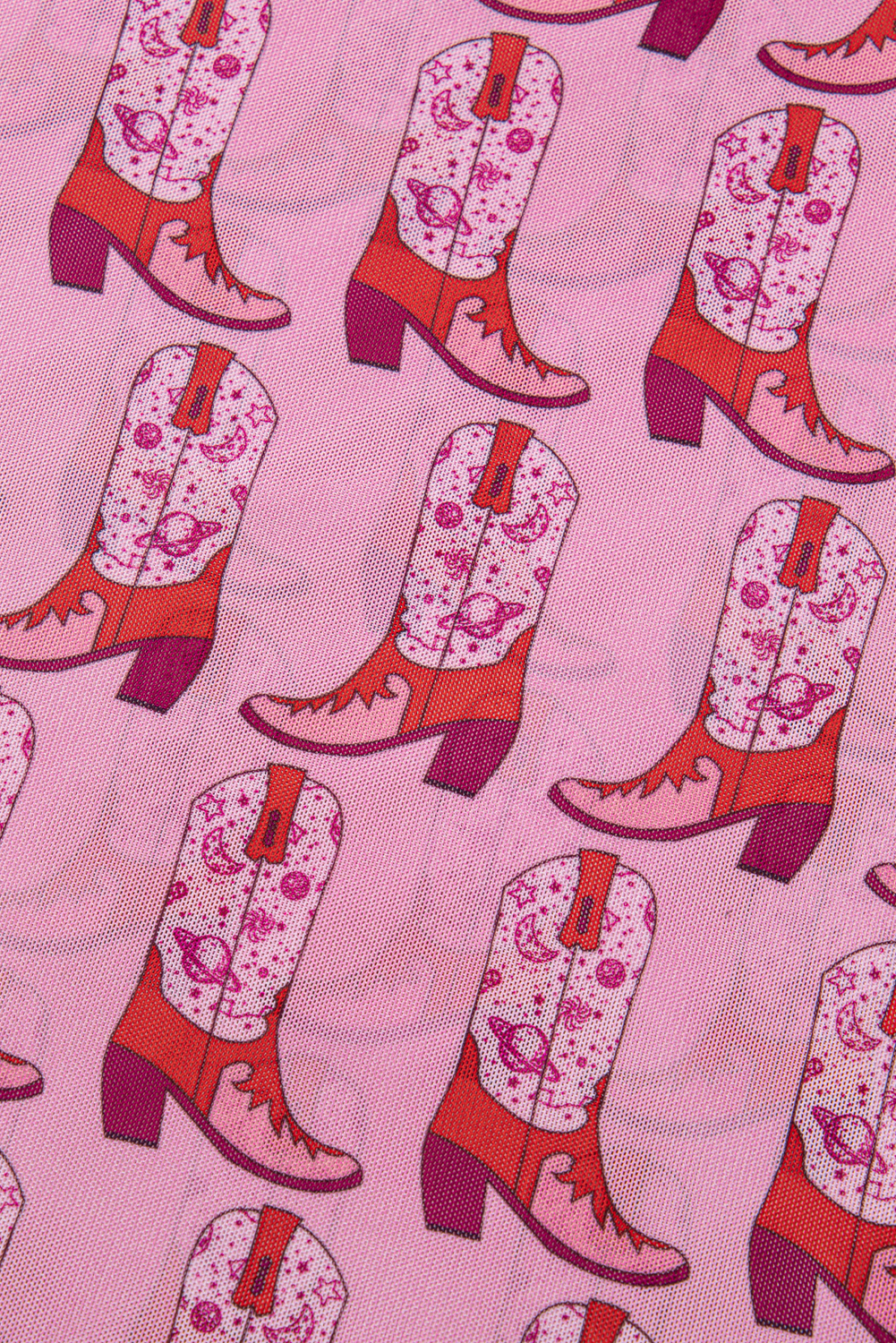 Pink Cowgirl Boots Printed Mock Neck Long Sleeve Mesh Top