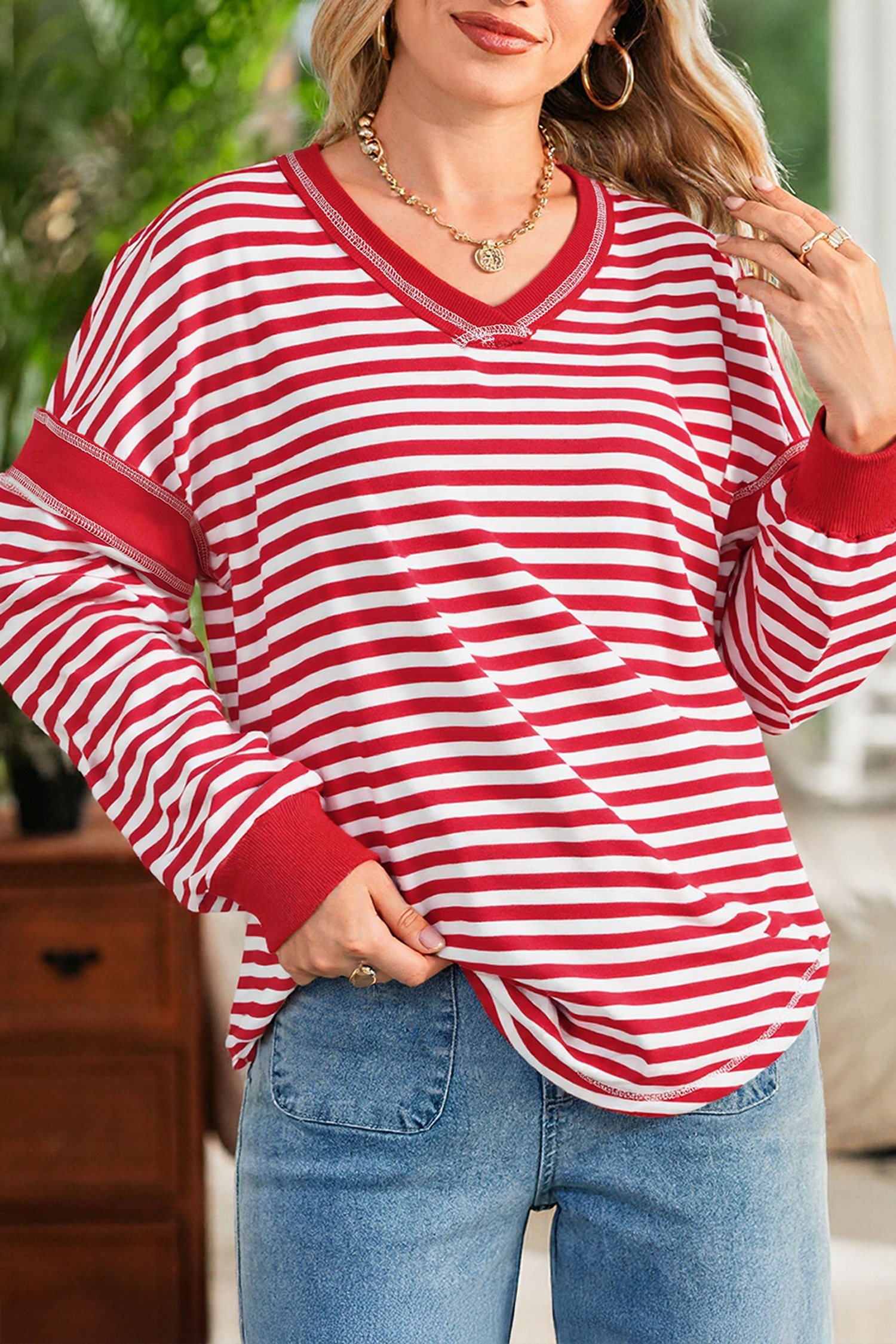 Red Stripe Exposed Seam V Neck Balloon Sleeve Pullover