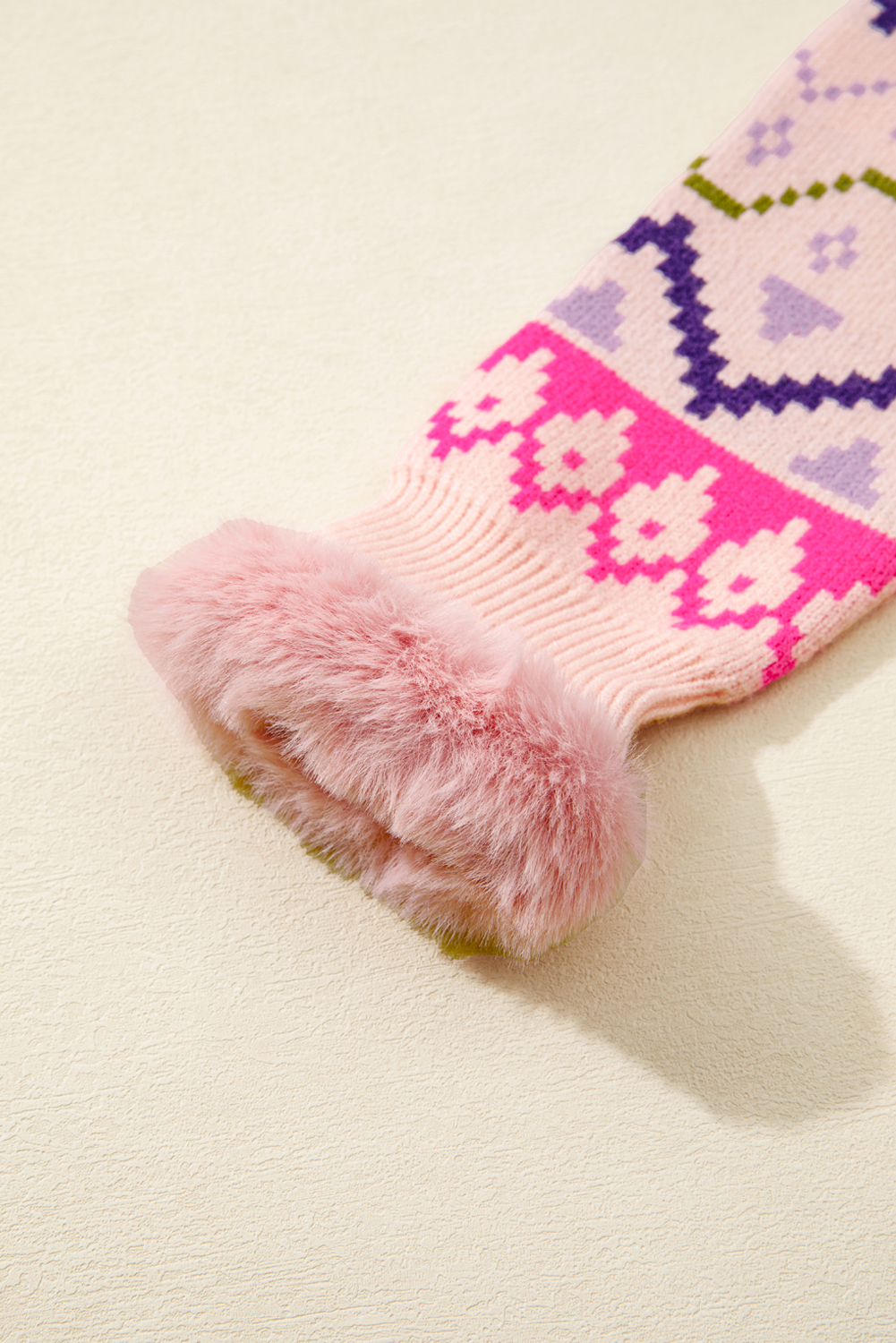 Multicolour Ethnic Christmas Pattern Knit Feather Cuffed Sweater