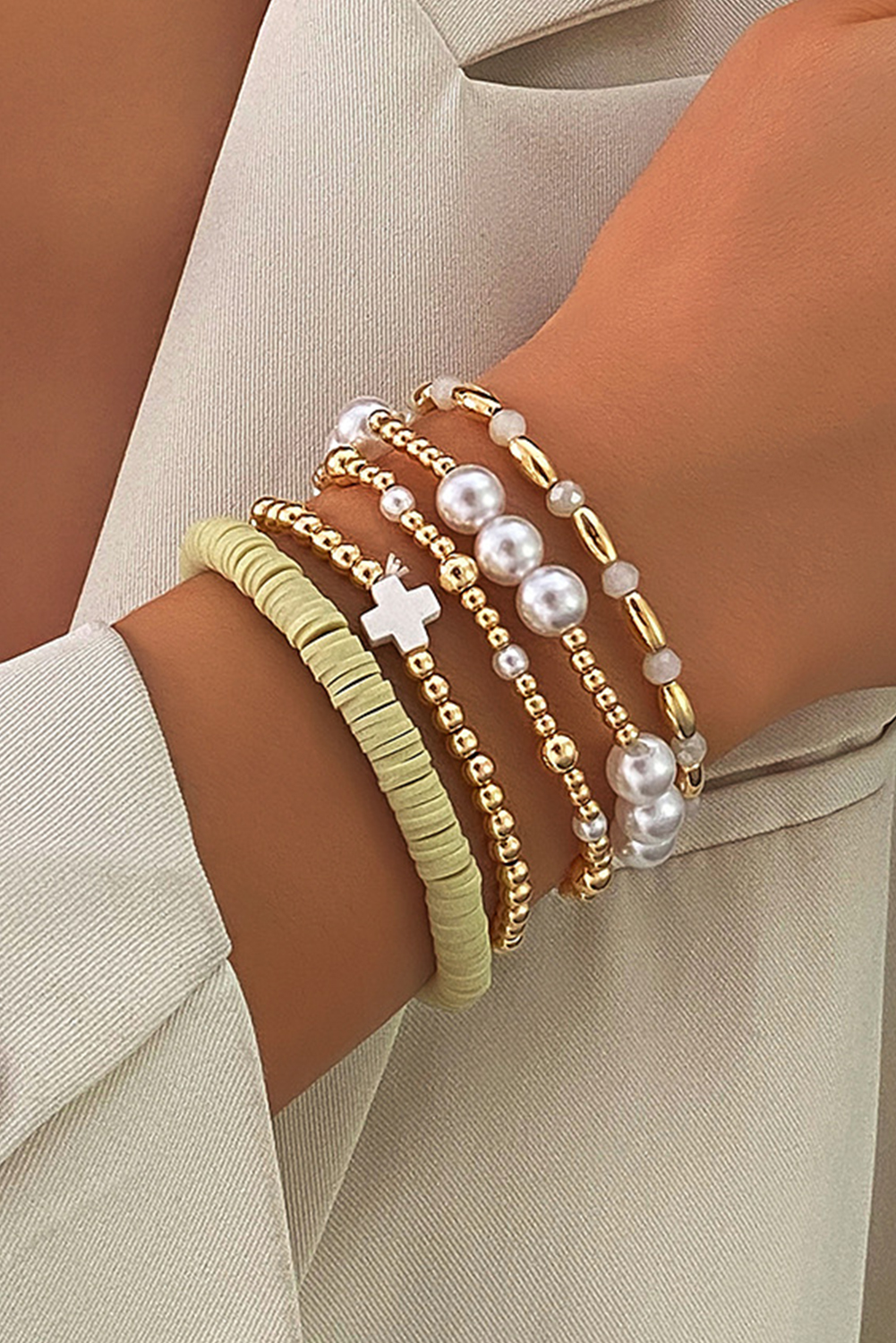 Gold Plated Beading Pearl Detail 5pcs Elastic Bracelet Set