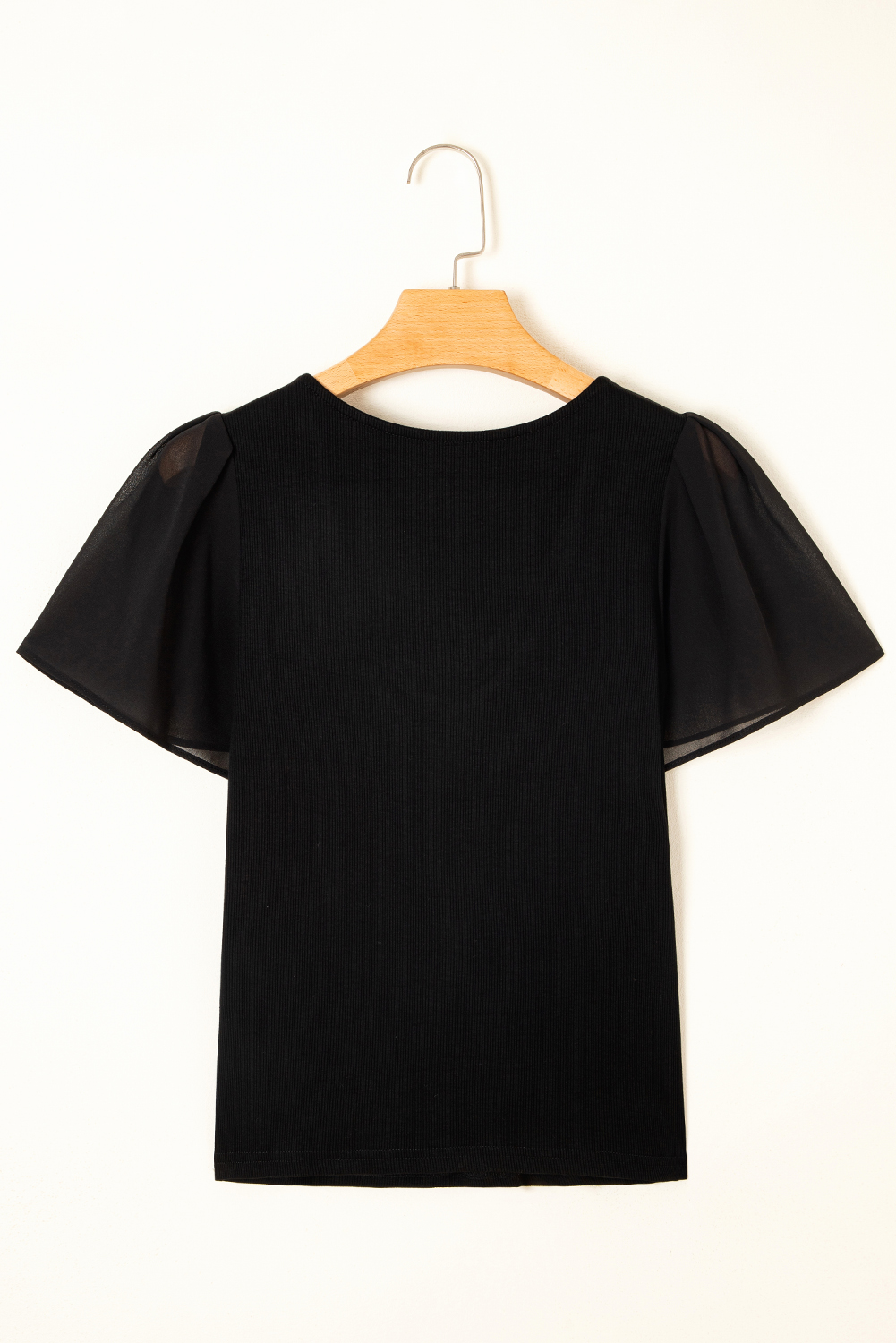 Black Mesh Ruffled Sleeve Slim Fit V Neck Top