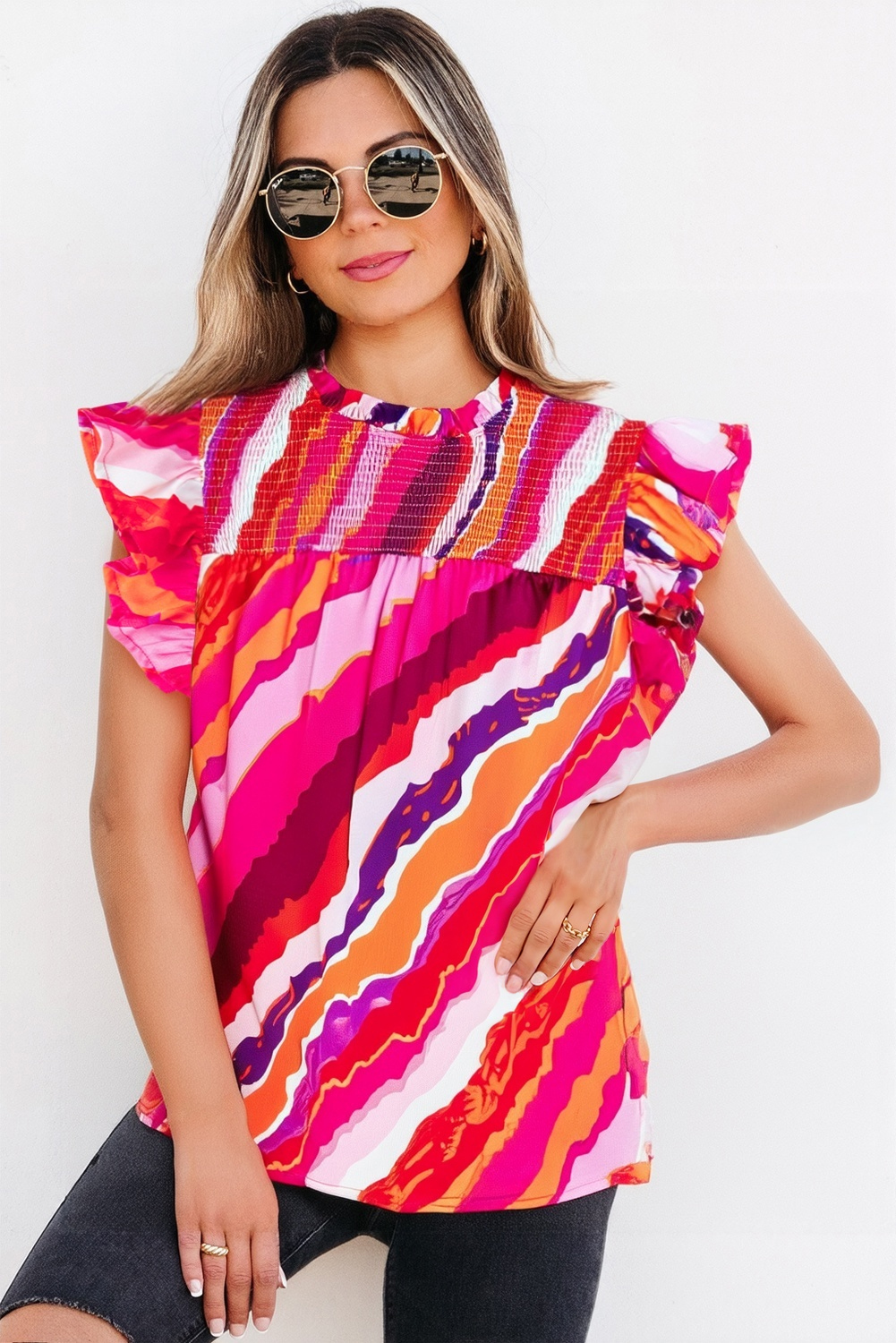 Rose Abstract Print Shirred Yoke Ruffled Blouse