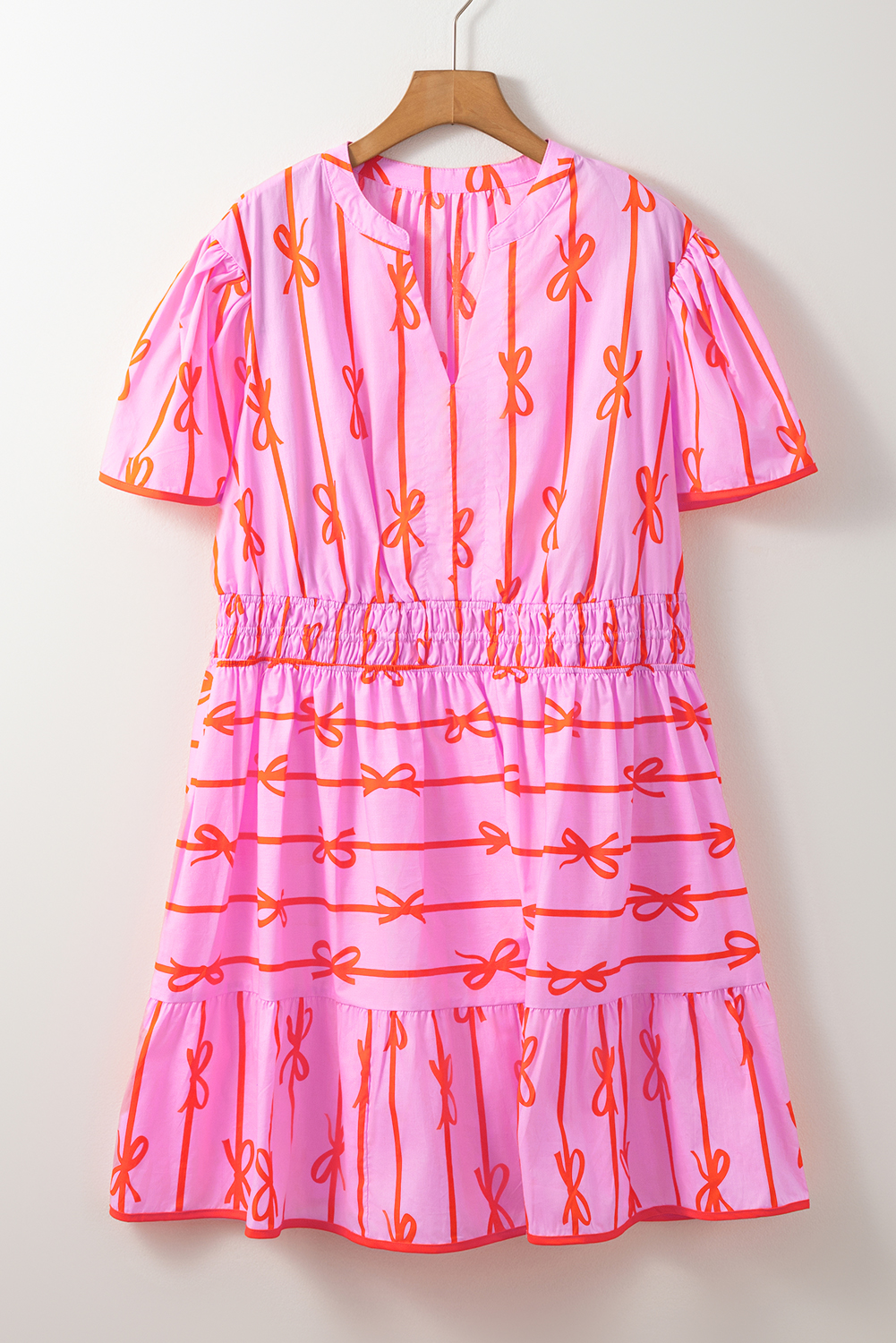 Pink Bowknot Striped Printed Bubble Sleeve Buttoned Belted Mini Dress