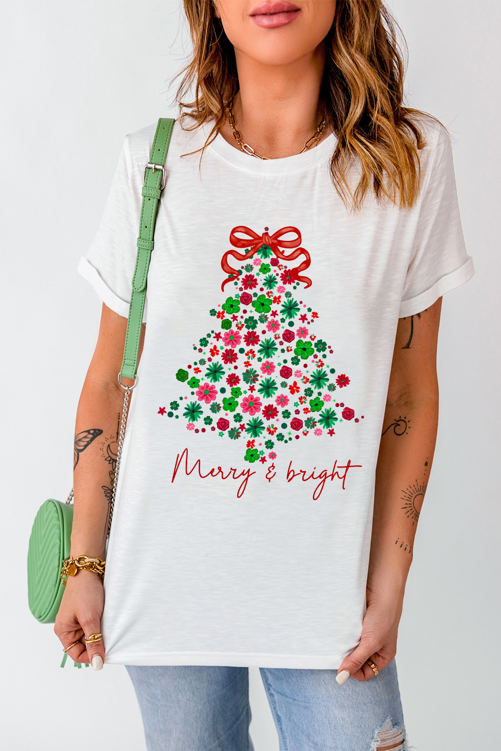 White Merry & Bright Floral Christmas Tree Graphic T Shirt