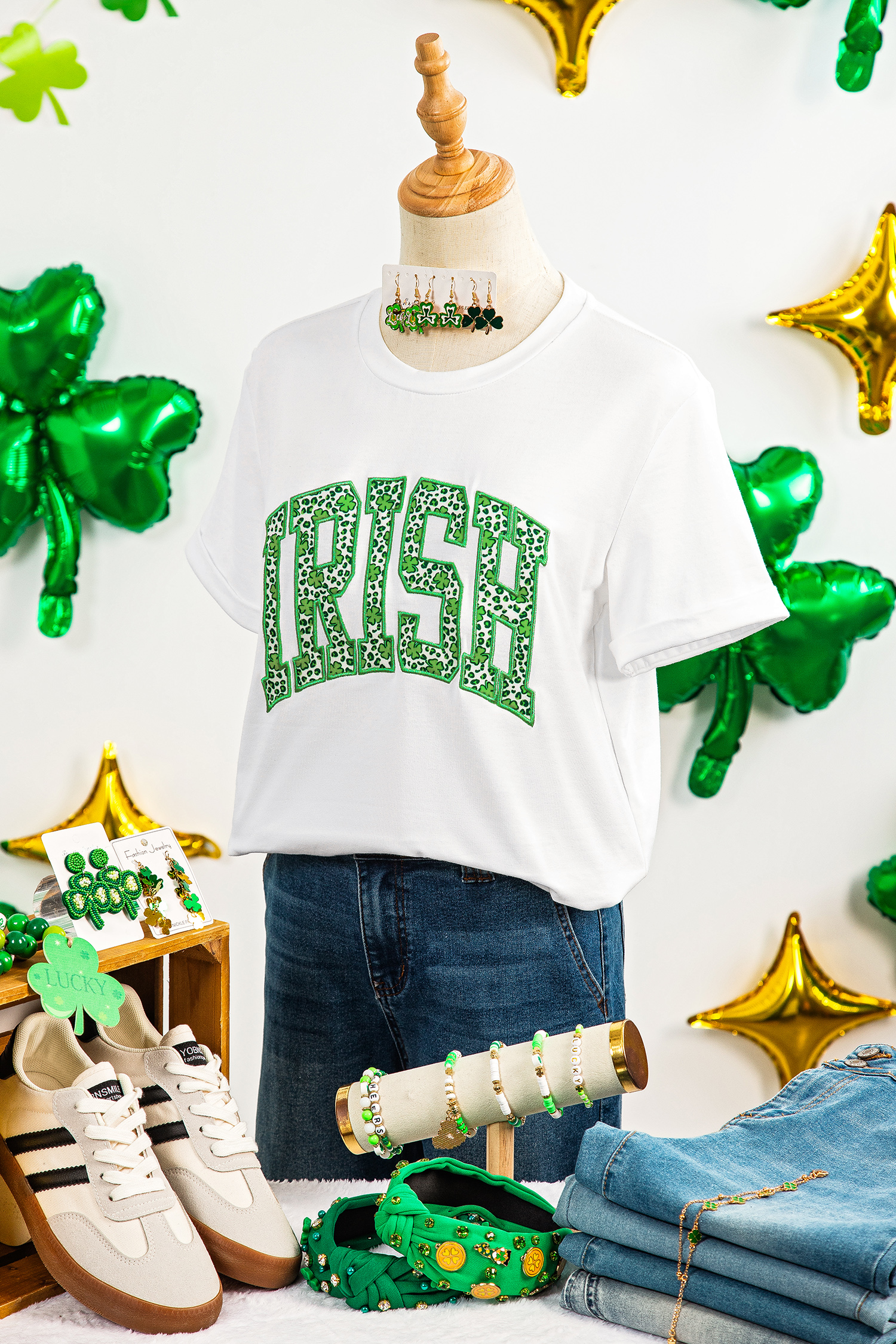 White IRISH Leopard Clover Embroidered Patch Graphic Tee