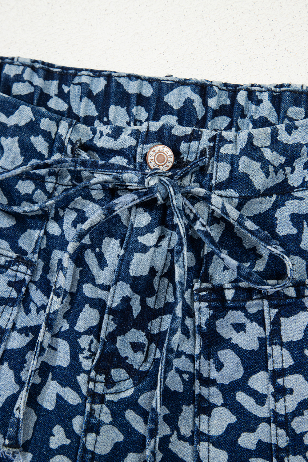 Khaki Leopard Printed Drawstring Elastic Waistband Pocketed Wide Leg Jeans