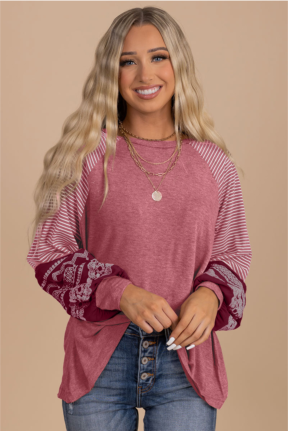 Tillandsia Purple Contrast Print Striped Raglan Long Sleeve Loose Top