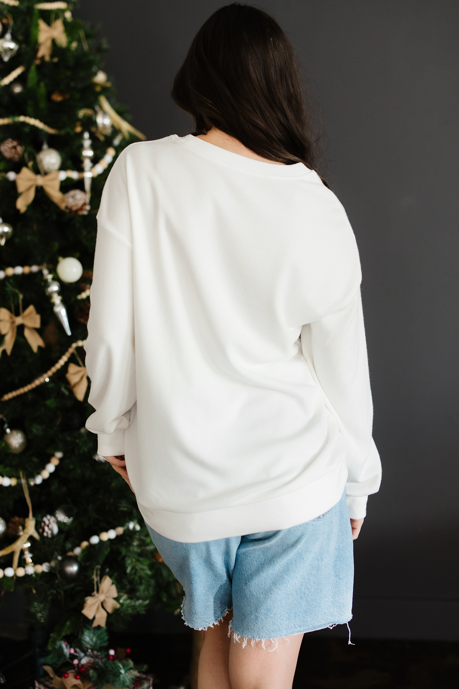 White Merry Tinsel Letter Embroidery Ribbed Drop Shoulder Sweatshirt