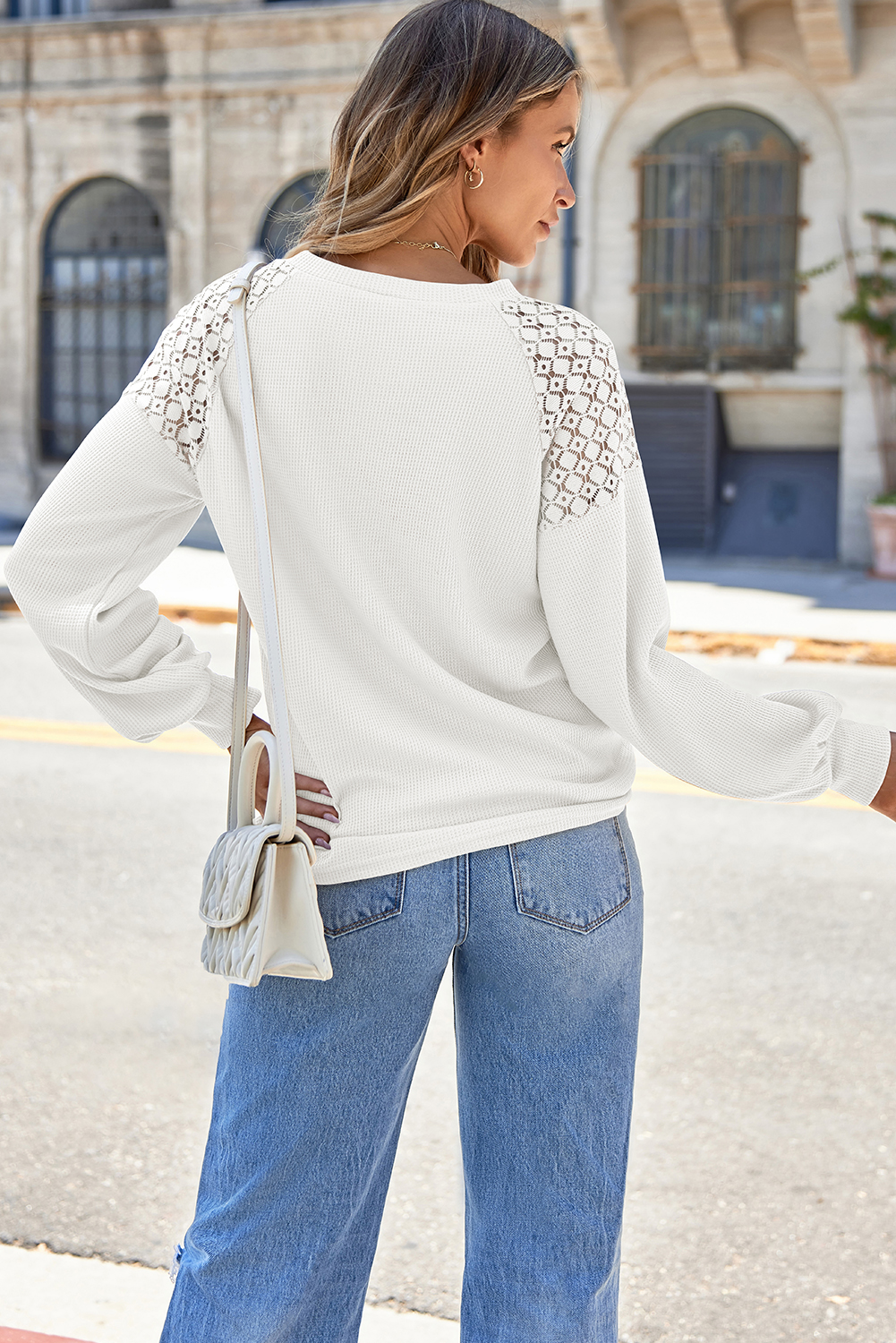 White Lace Long Sleeve Textured Pullover