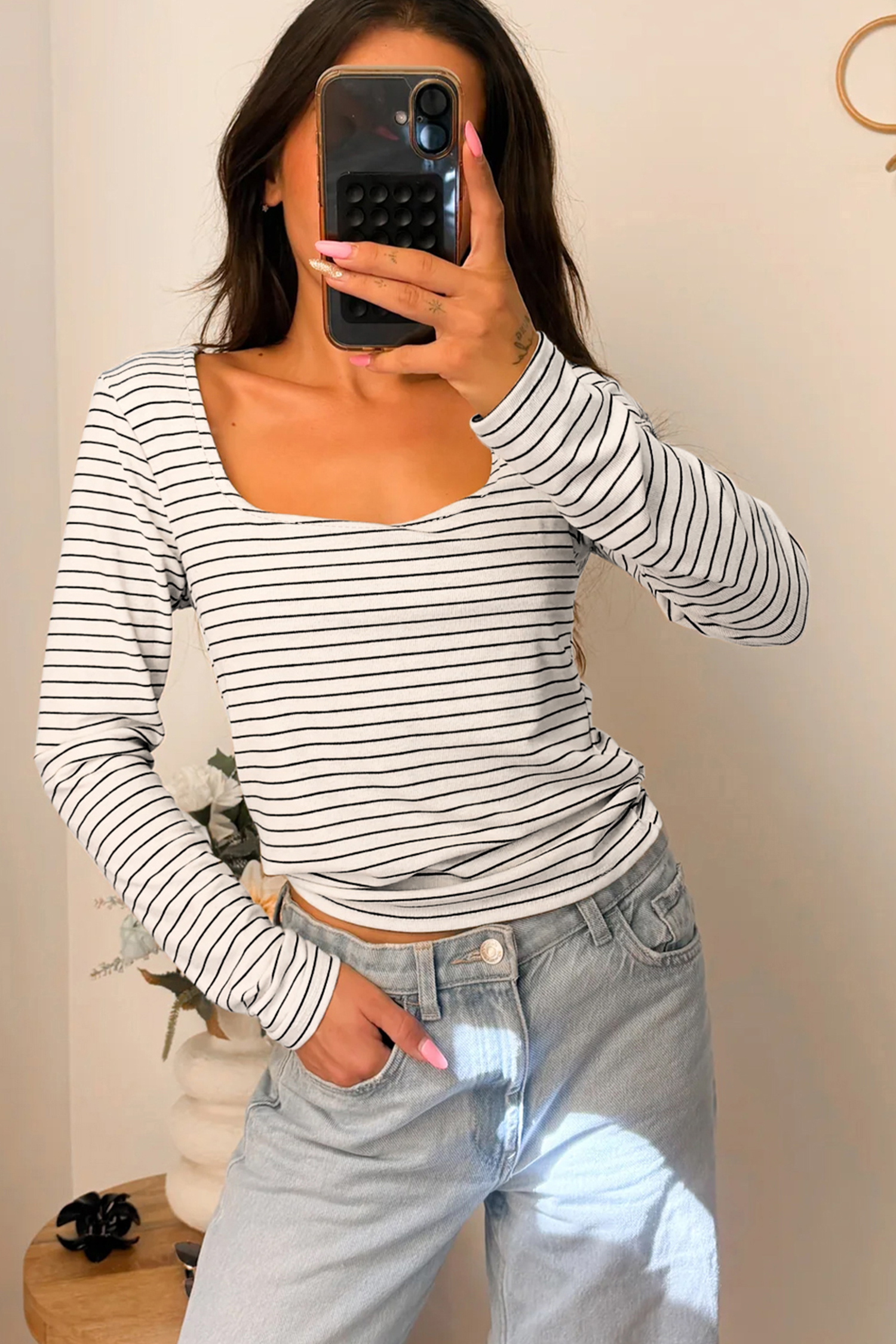 Brown Stripe Square Neck Long Sleeve Top