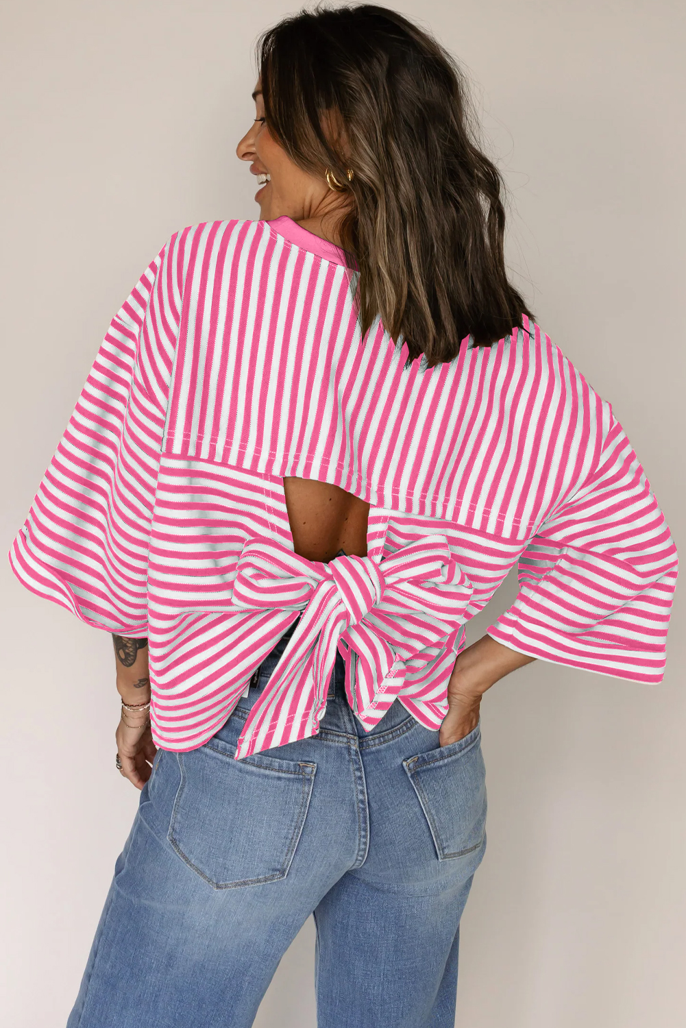 Red Stripe Bowknot Cutout Back Drop Shoulder Wide Bracelet Sleeve Loose Tee