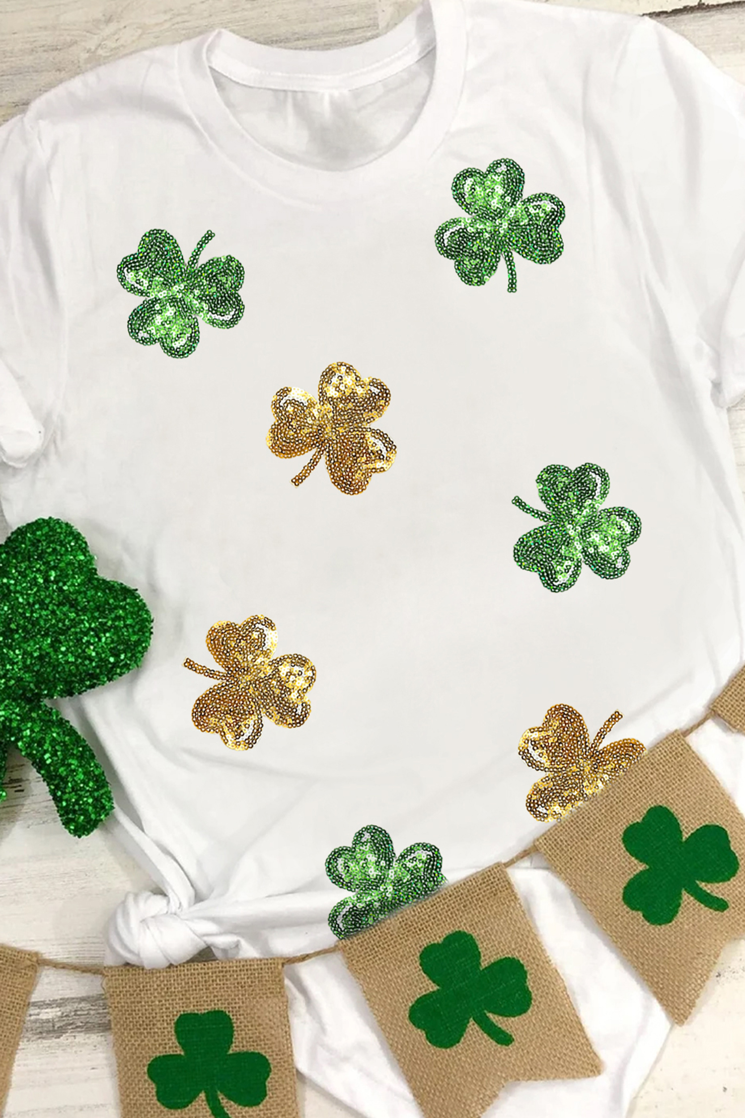 White 2-tone Sequin Clovers St Patricks Day T Shirt