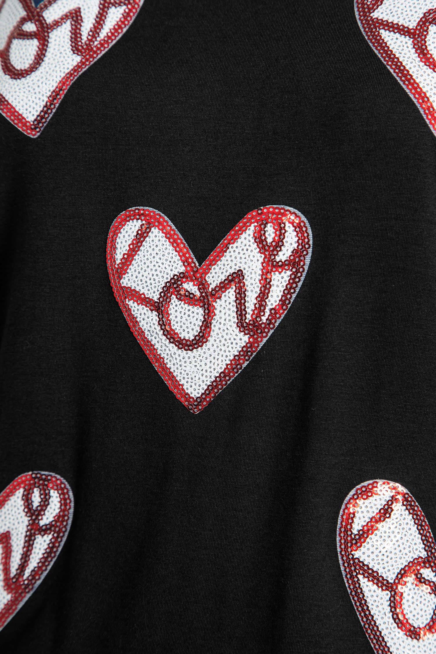 Black Sequin Heart Patched Valentines Day Fashion Graphic Tee