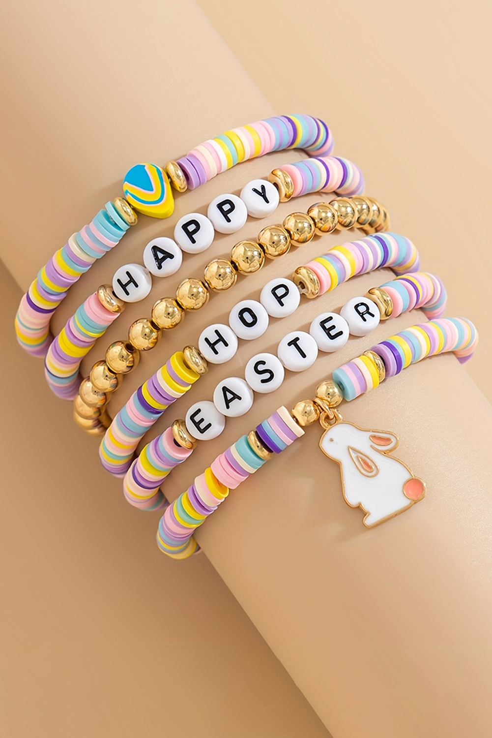 Gold Happy Easter Letter Beaded Elastic Multi Layer Bracelet