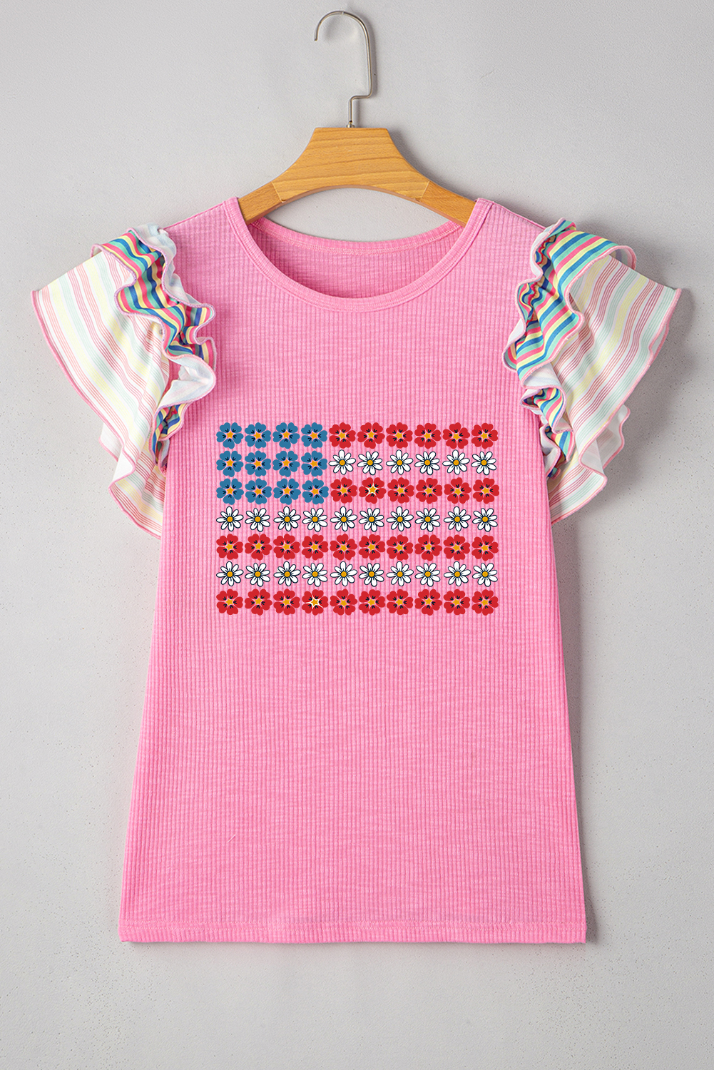 Bonbon Striped Ruffle Flutter Sleeve Ribbed Blouse