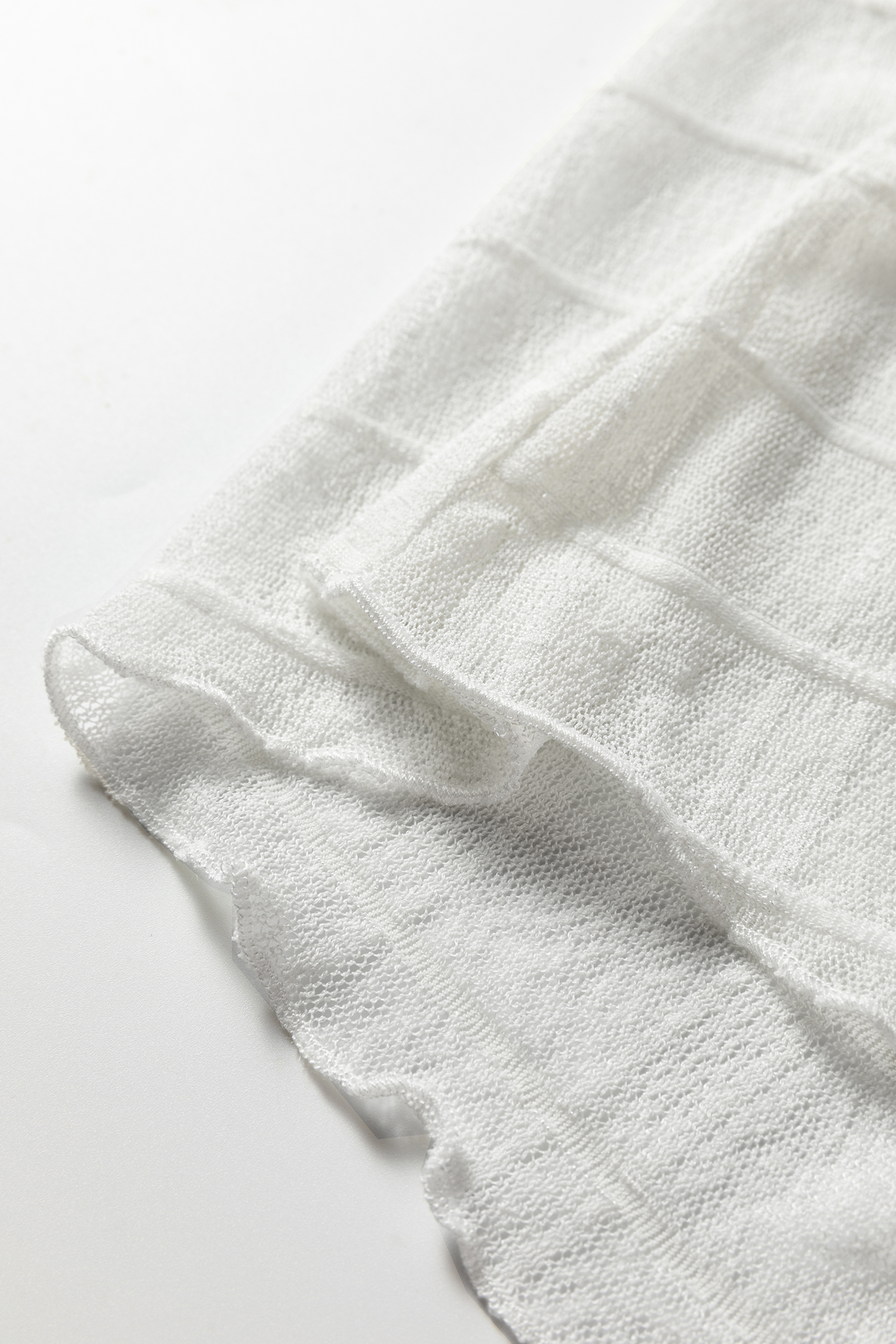 White Sheer Plaid Mesh Lettuce Trim Slim Fit Long Sleeve Top