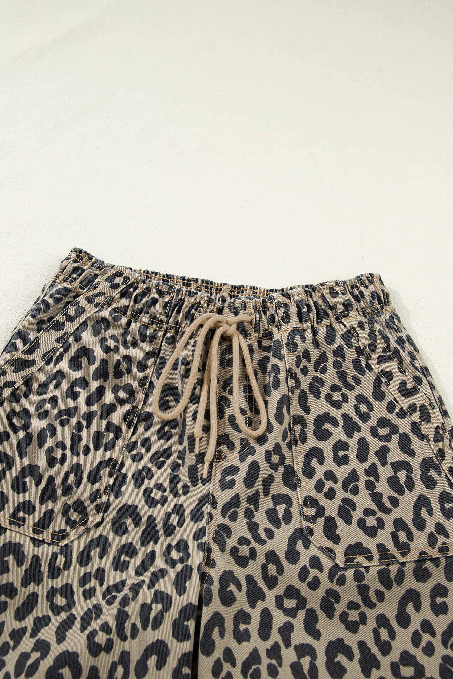 Khaki Leopard Print Drawstring Elastic Waist Loose Denim Pants with Pockets