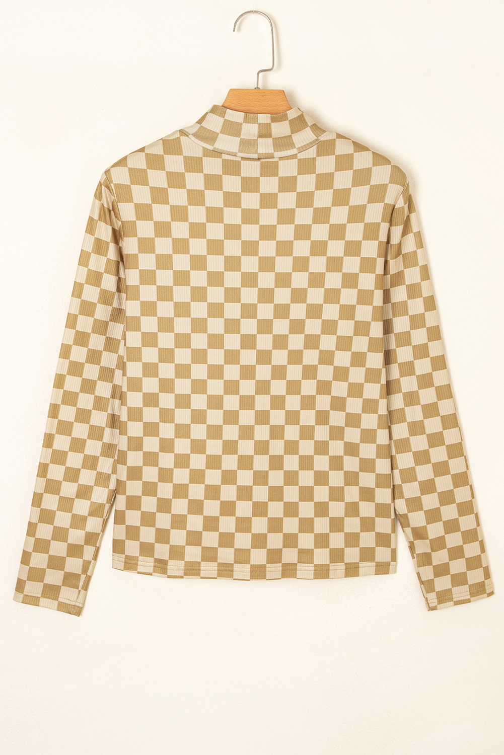 Khaki Check Pattern Turtleneck Ribbed Slim Long Sleeve Tee