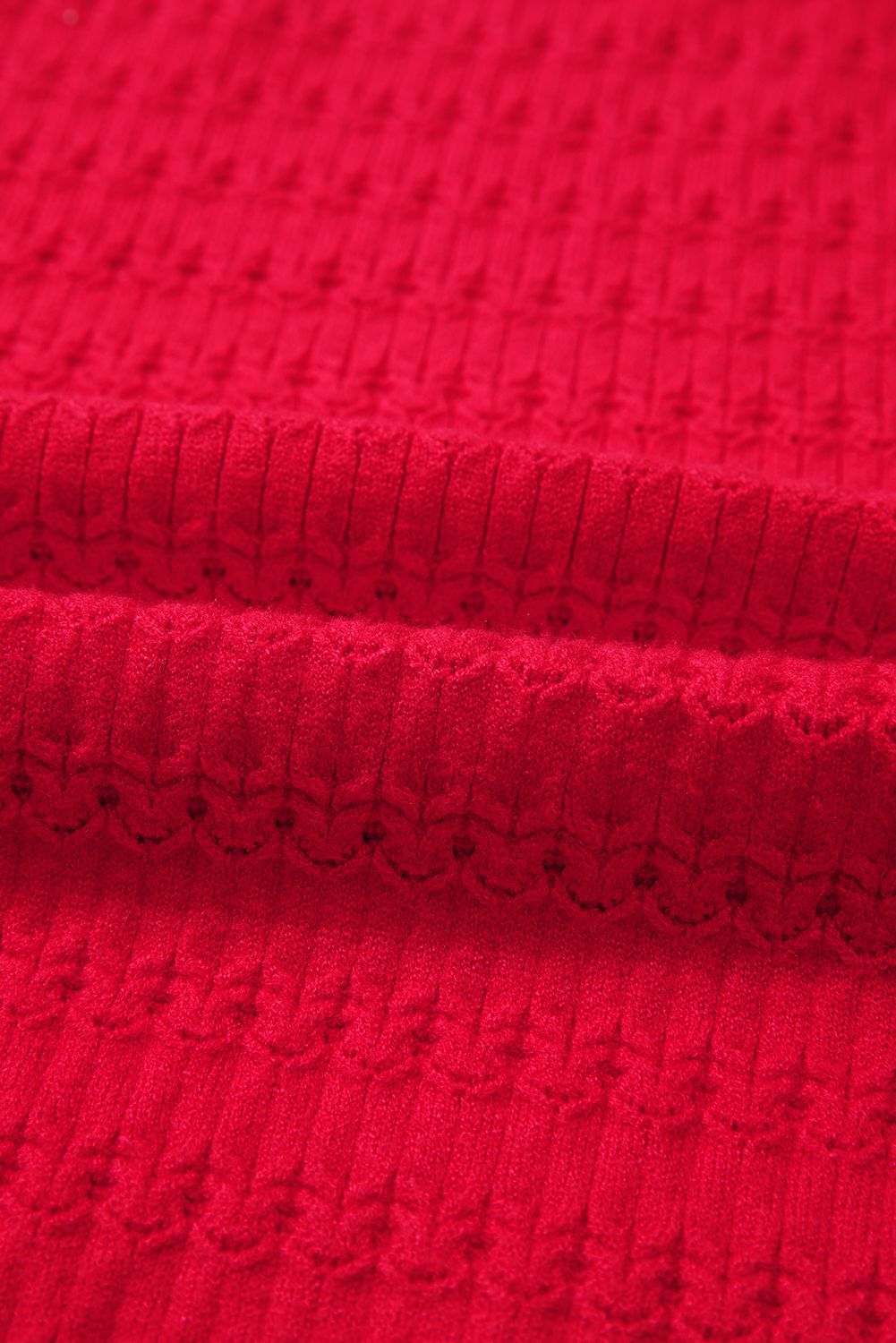 Fiery Red Trendy Pattern Knit Ribbed Cuffs Crew Neck Sweater