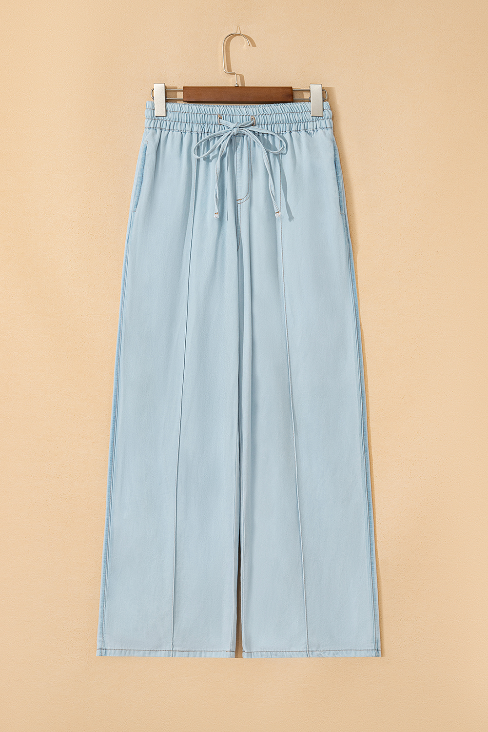 Beau Blue Light Wash Contrast Trim Center Seam Drawstring Elastic Waistband Wide Leg Denim Pants