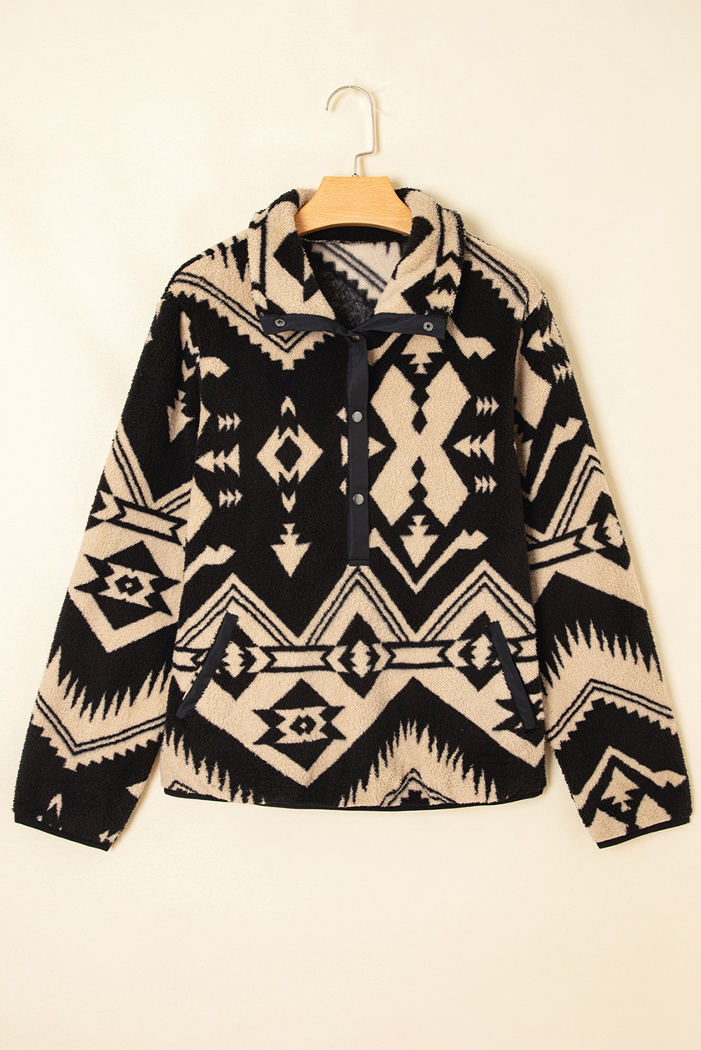 Black Western Aztec Half Placket Plush Sweatshirt