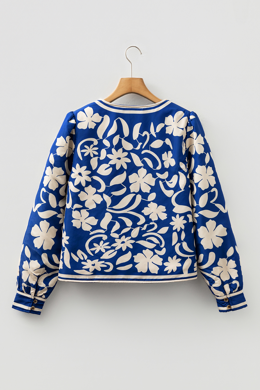 Blue Flower Print Open Front Buttoned Cuffs Elegant Jacket