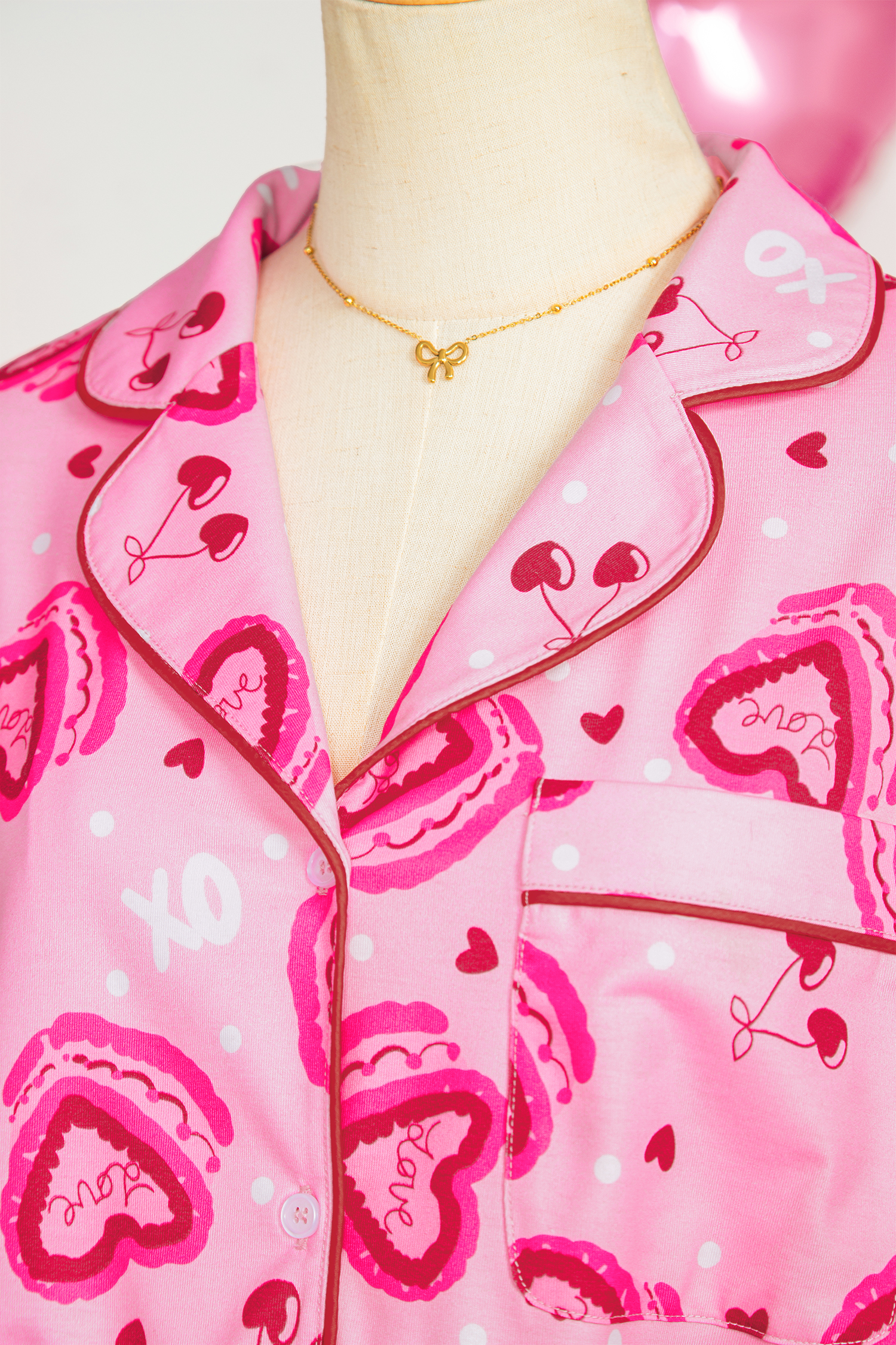 Pink Sweet Heart Cake Print Contrast Ruffle Trim Valentines 2pcs Pajama Set