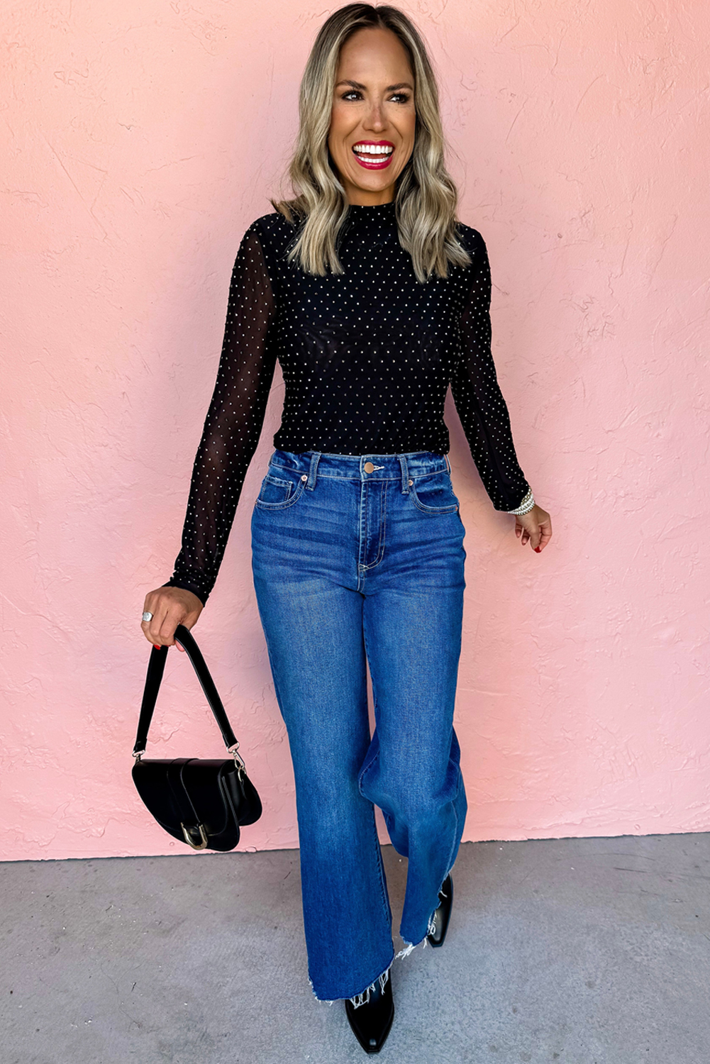 Black Rhinestone Embellished Mesh Long Sleeve Top