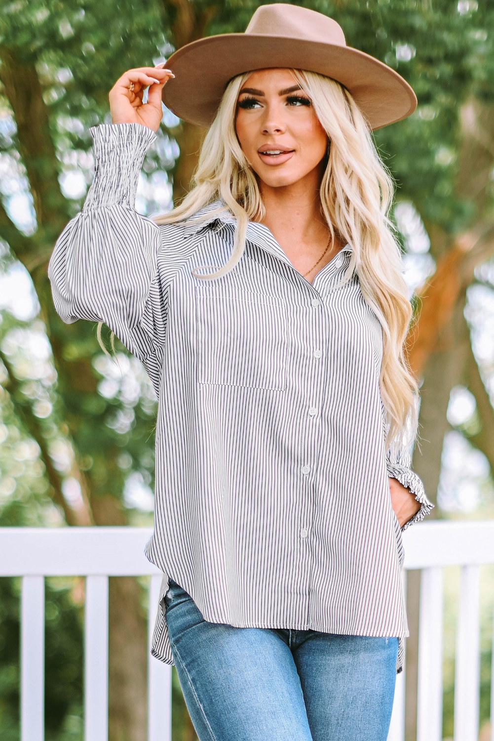 Red Stripe Smocked Cuffed Striped Boyfriend Shirt with Pocket