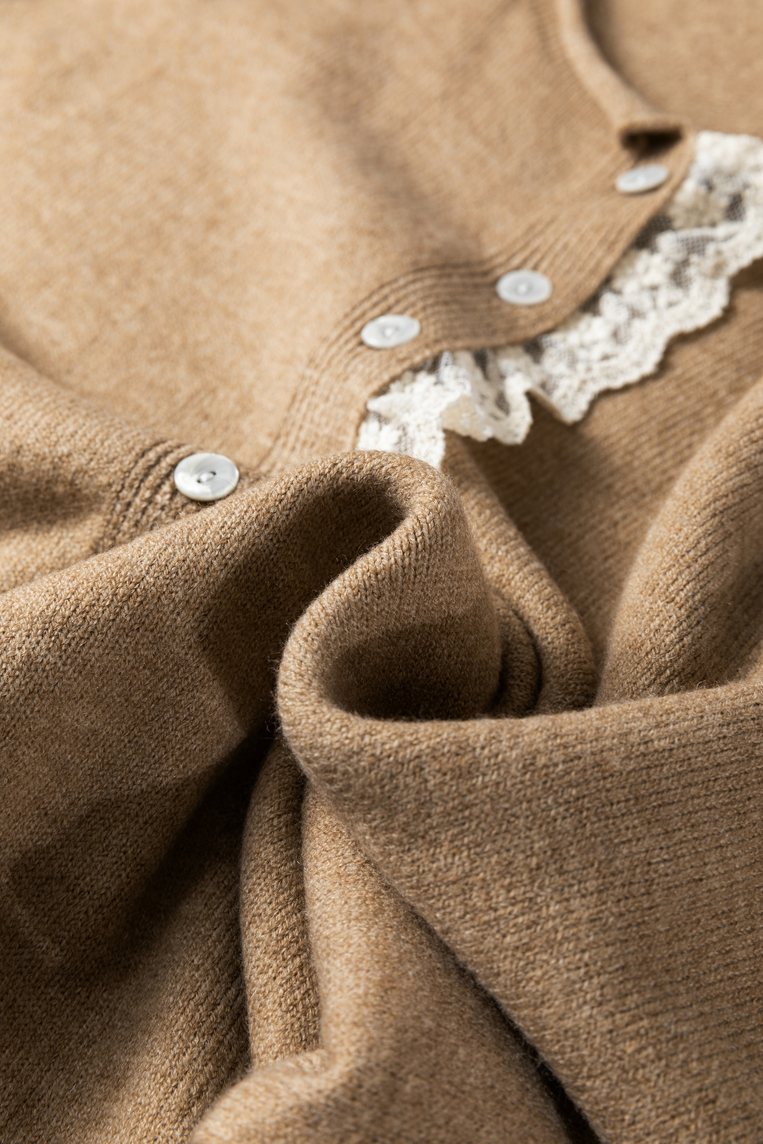 Simply Taupe Contrast Frilled Lace Trim Loose Cardigan Sweater