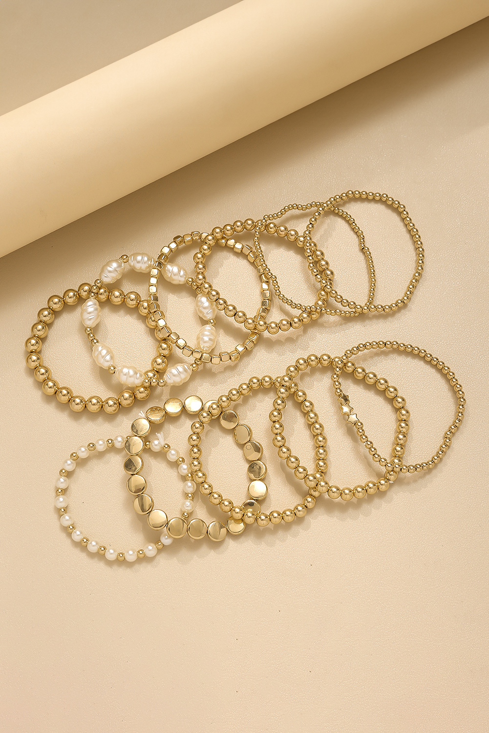 Gold 11pcs Alloy Pleated Pearl Beading Bracelet