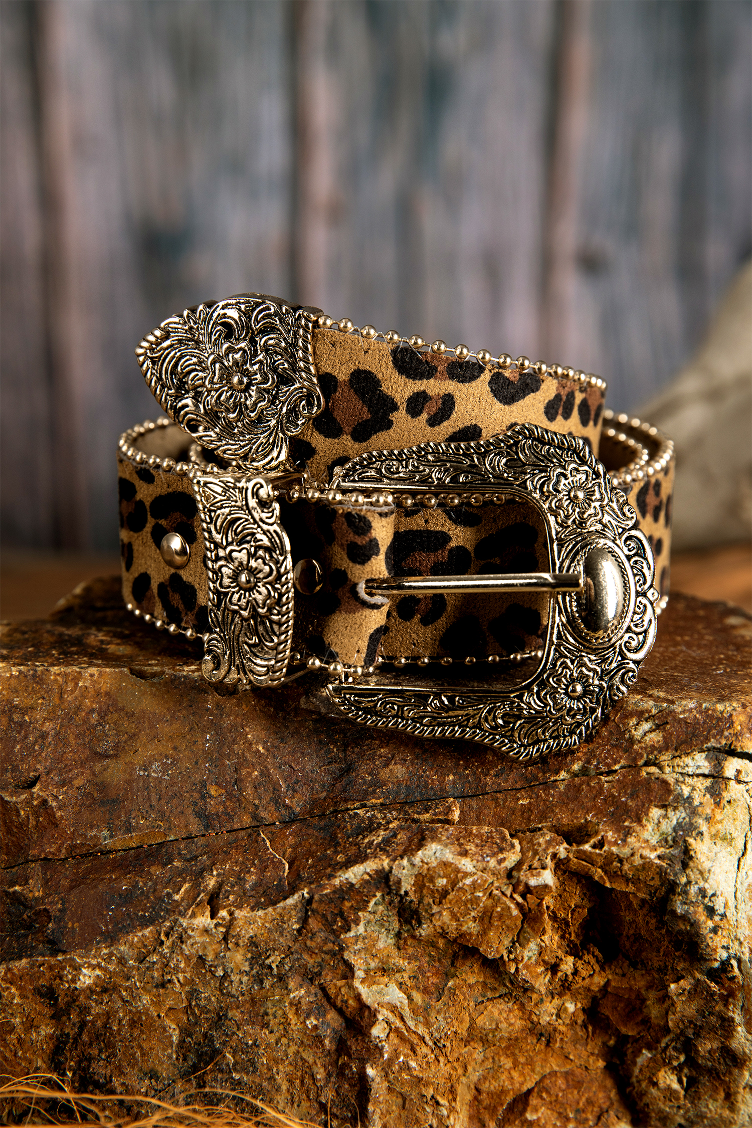 Thai Curry Leopard Beading Trim Retro Embossed Hardware PU Waist Belt