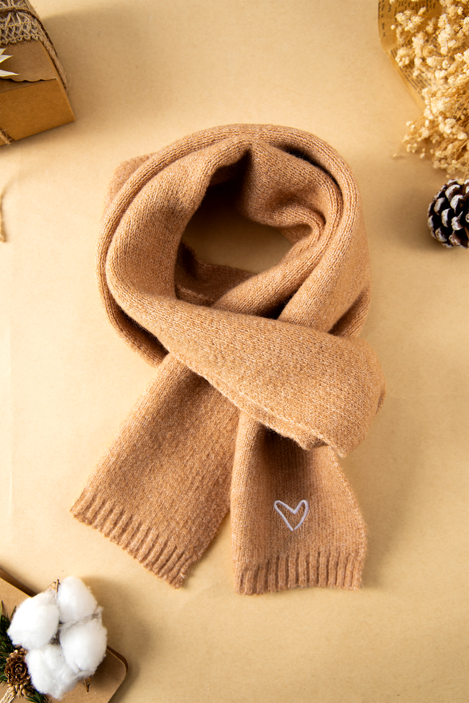 Thai Curry Tiny Heart Embroidered Detail Ribbed Trim Warm Knit Scarf