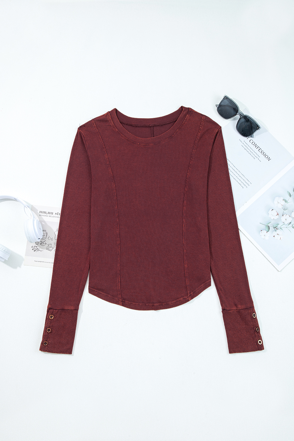 Burgundy Exposed Seam Ribbed Long Sleeve Top