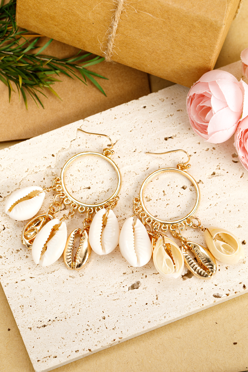 Gold Seashell Charm Hoop Dangle Earrings