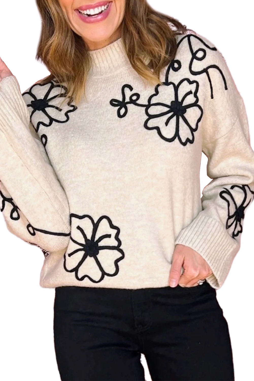 Beige Flower Stitching Mock Neck Sweater