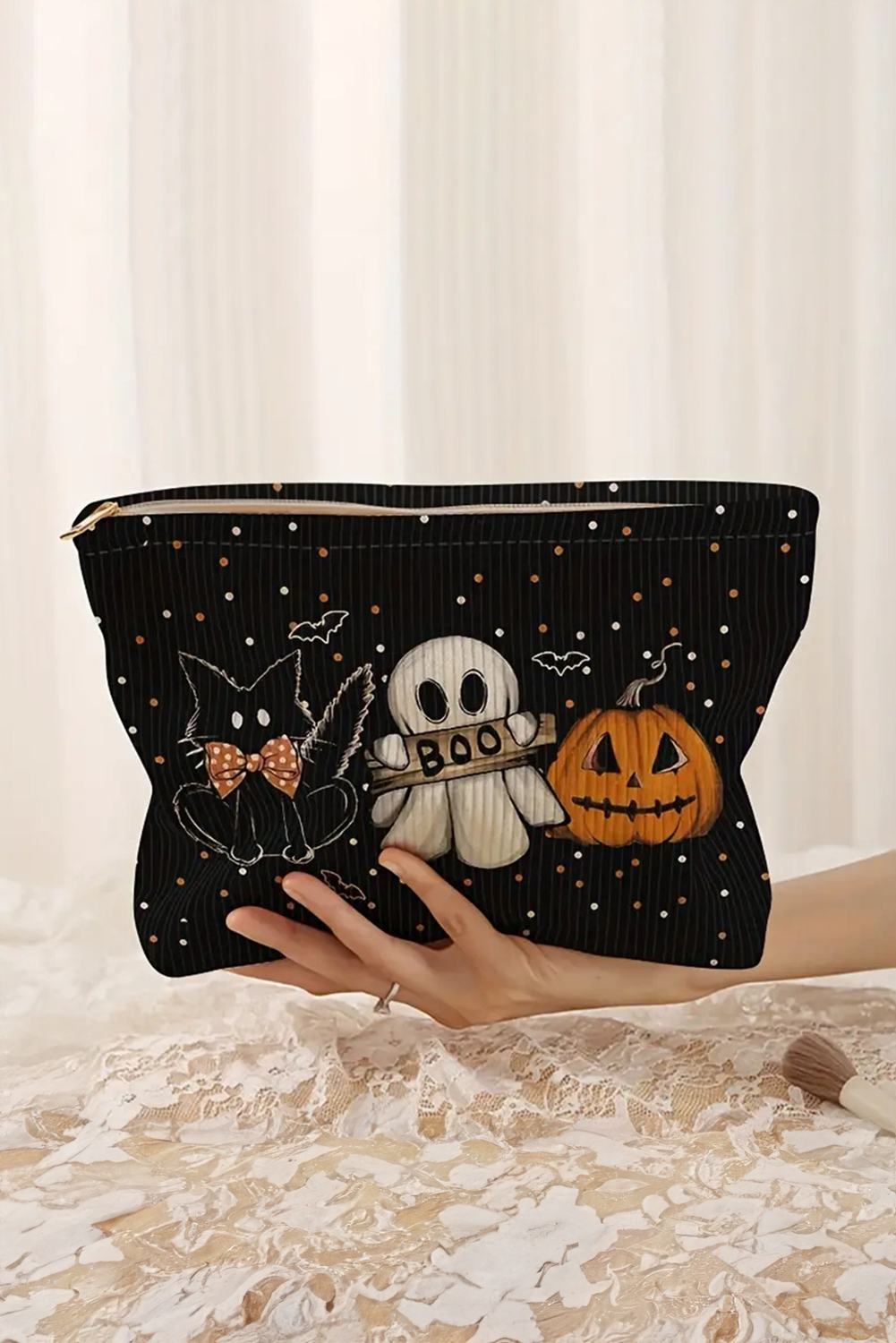 Black Cute Halloween Print Ribbed Makeup Storage Bag