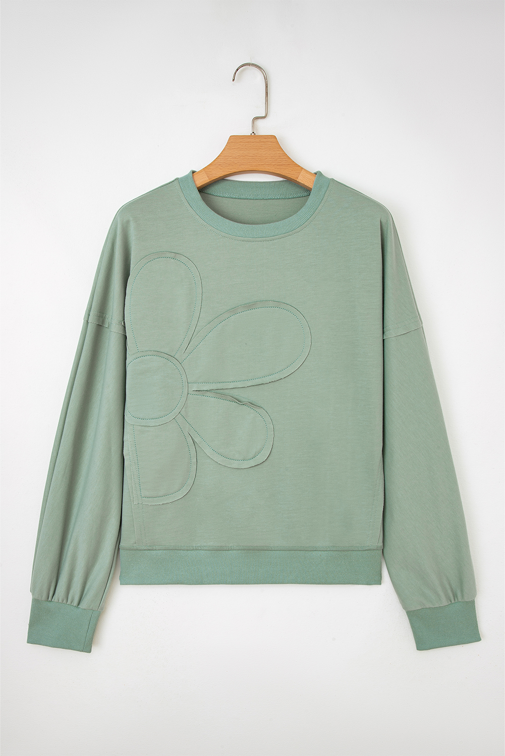 Beige Raw Edge Flower Patch Drop Shoulder Casual Top