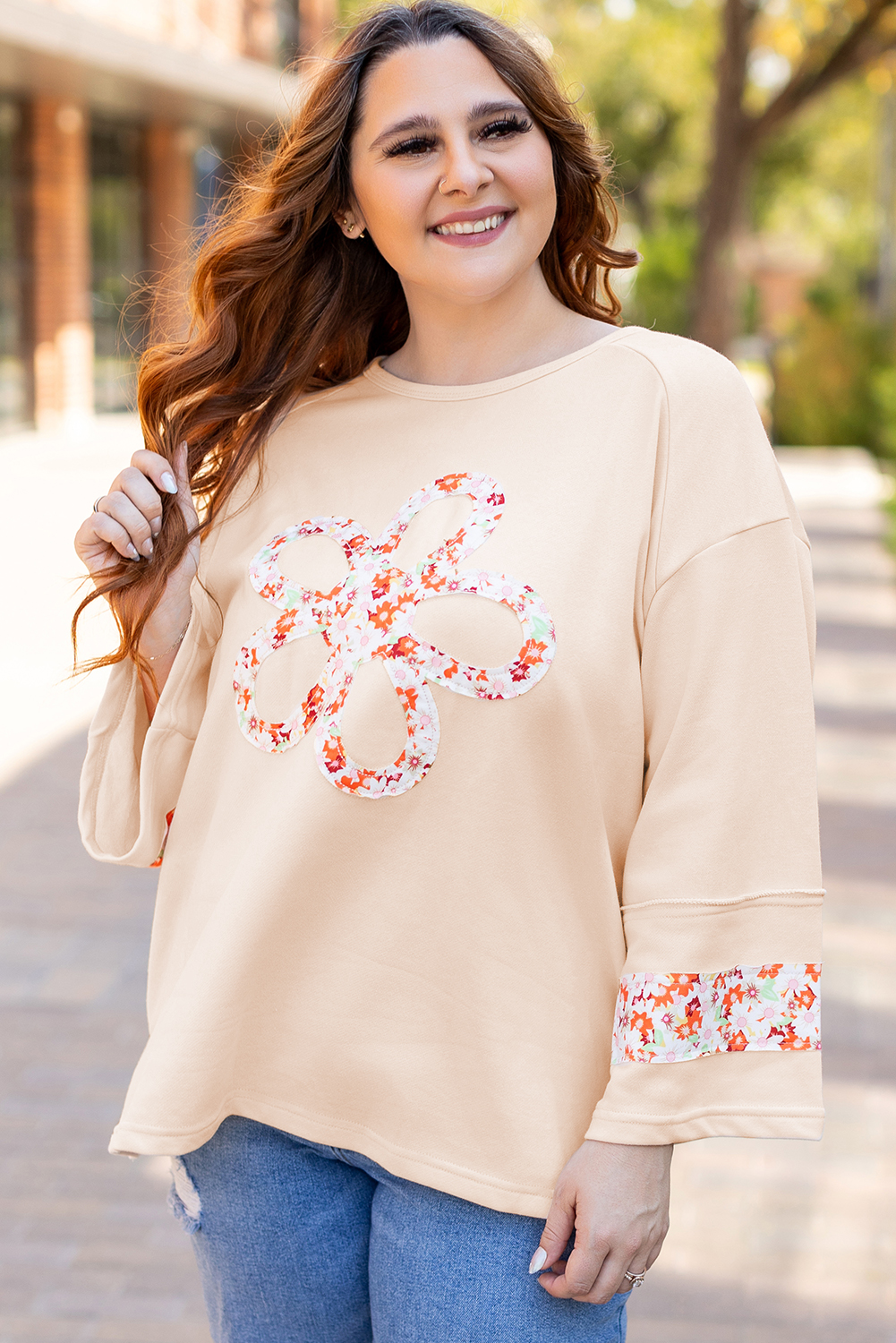 Beige Flower Patch Graphic Exposed Seam Wide Sleeve Top