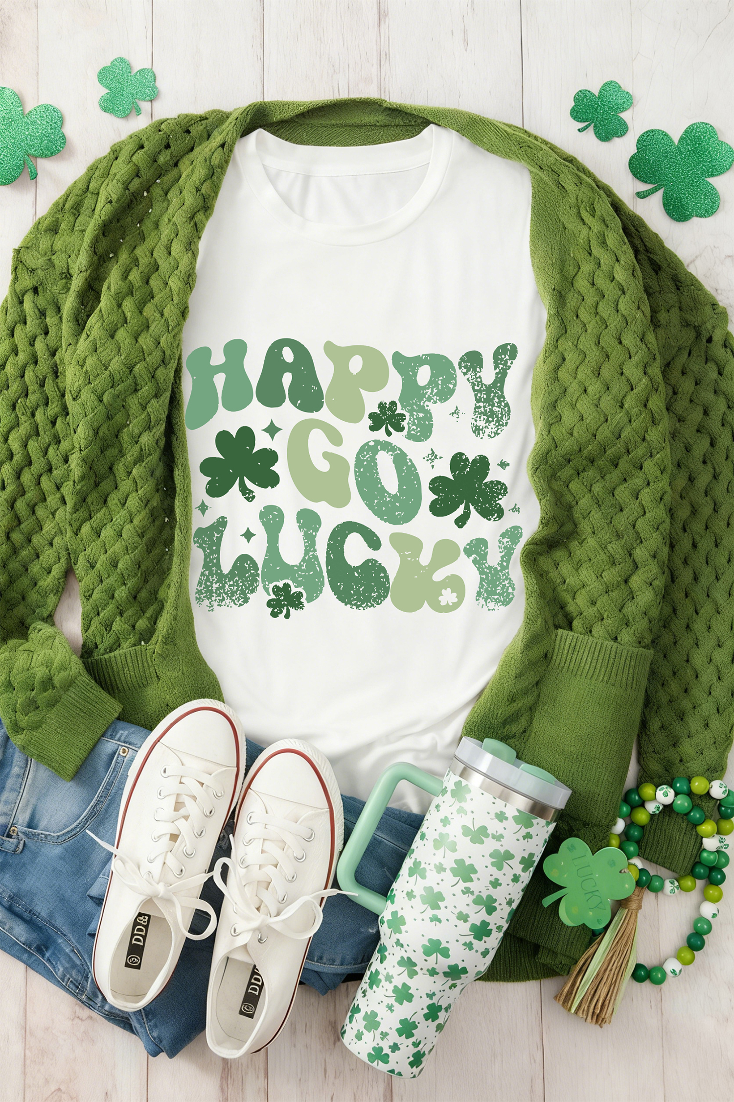 White HAPPY GO LUCKY St Patricks Day Graphic Tee