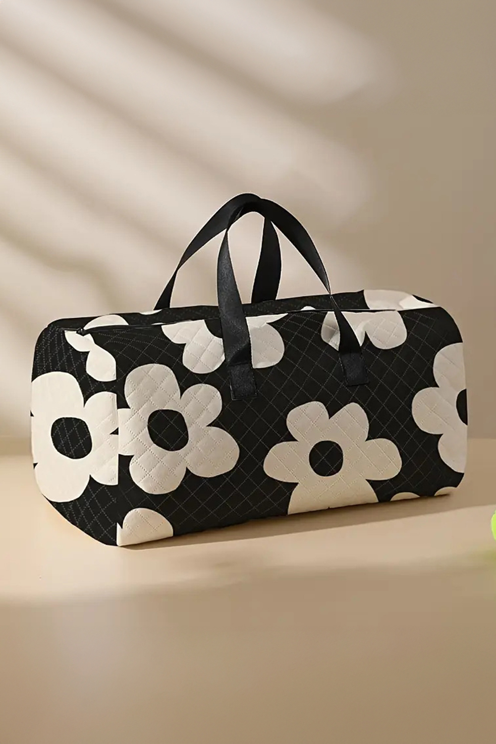 Black Flower Print Quilted Large Duffel Bag
